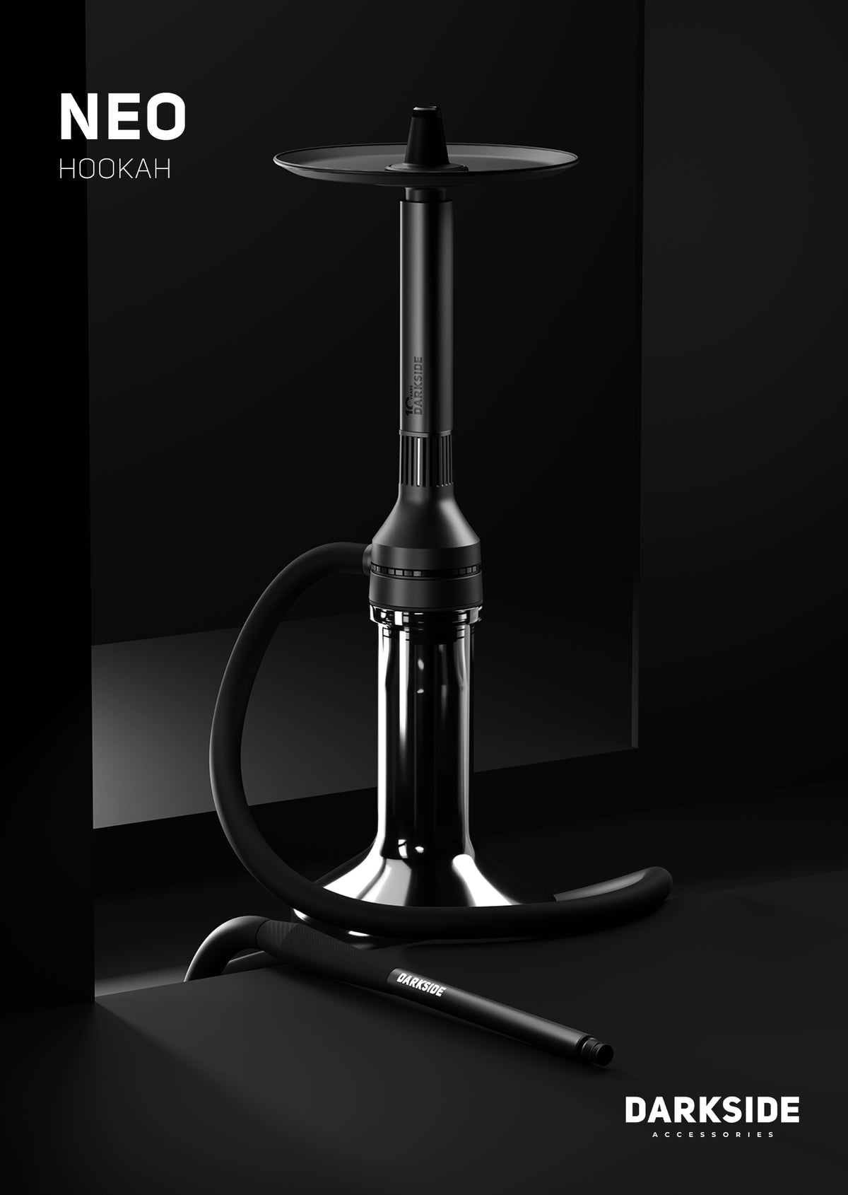 Darkside Neo Black 10 Years Limited shisha shaft and hose against a dark backdrop, image 3 of 3