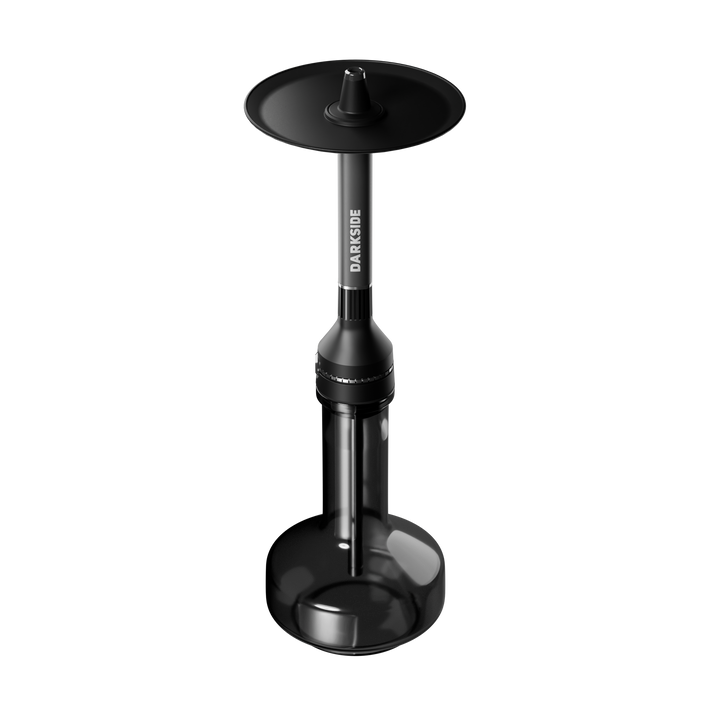 Darkside NEO grey shisha stem fitted to the black D-Glass base, front view on white background