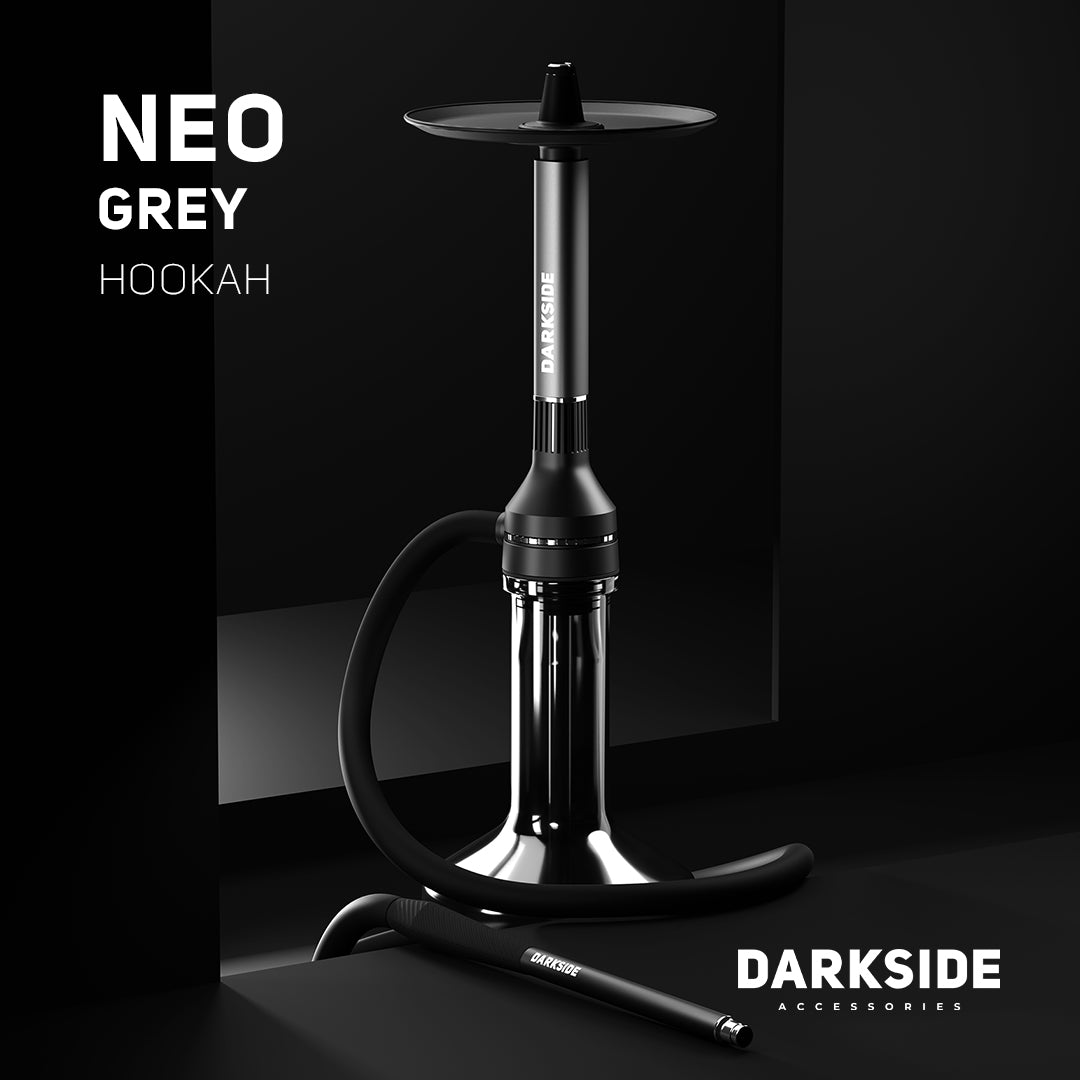 Darkside NEO grey shisha promotional shot with hose on dark background, branding overlaid, image 10 of 10