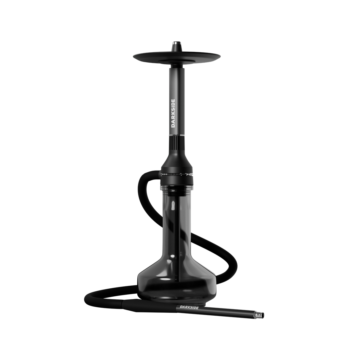 Darkside NEO grey shisha assembled with hose on a dark studio background, model name overlaid, image 9 of 10