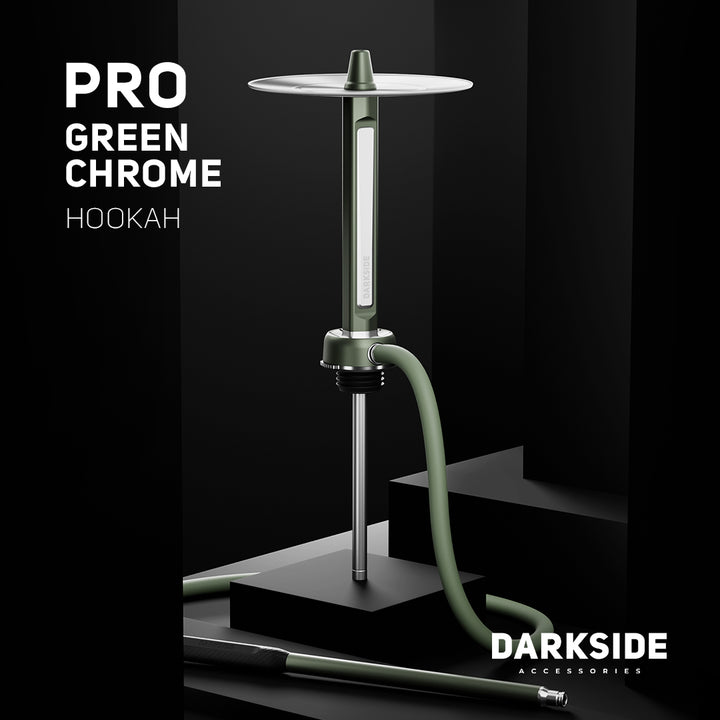 Darkside Pro shisha stem in green chrome, tray up top, hose coiled against a dark staged backdrop
