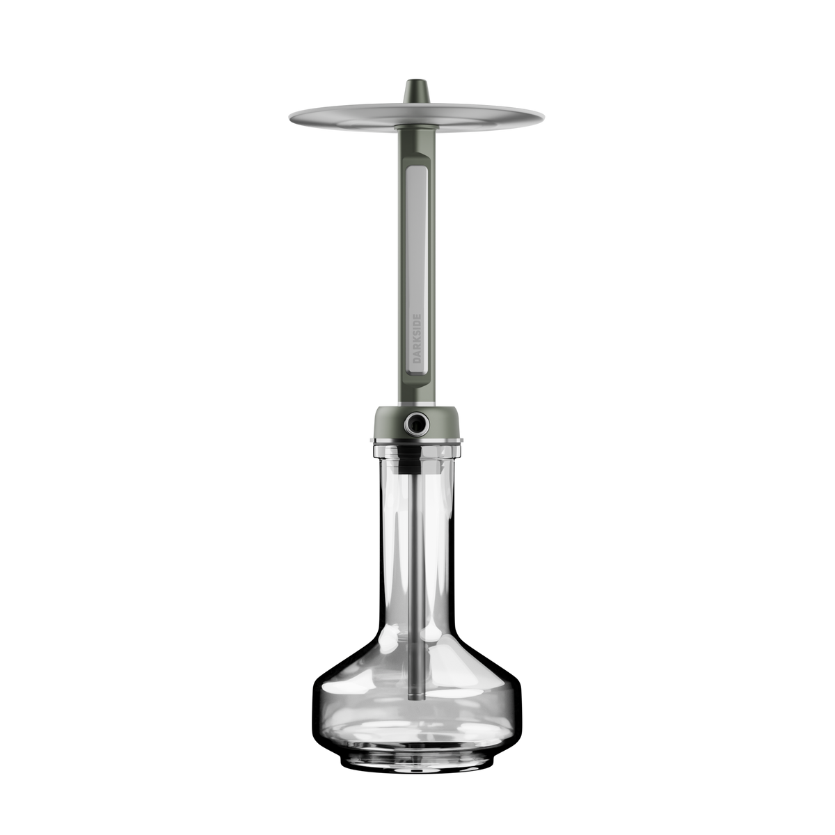 Full length view of the Darkside Pro shisha in green chrome seated on a clear glass base, image 5 of 11