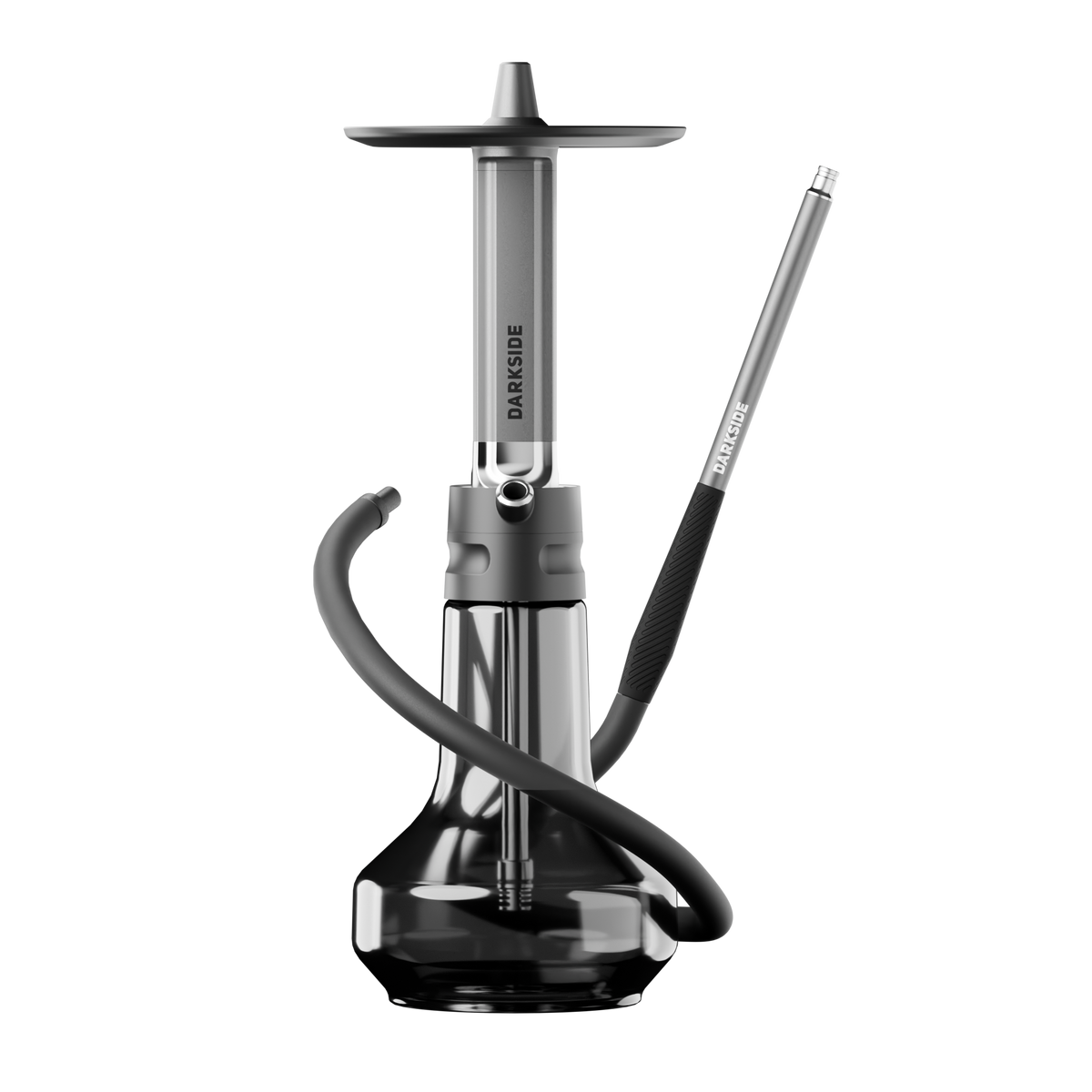 Darkside EVO Grey shisha assembled with hose draped in front and metal mouthpiece beside it, image 8 of 9