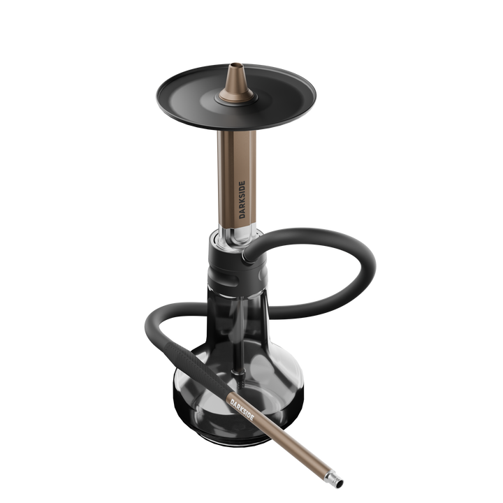Darkside EVO Bronze shisha fully assembled with hose, mouthpiece and glass base shown together