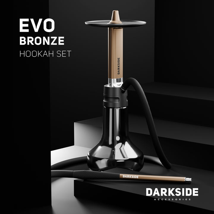Darkside EVO Bronze shisha staged on dark steps with hose and mouthpiece nearby