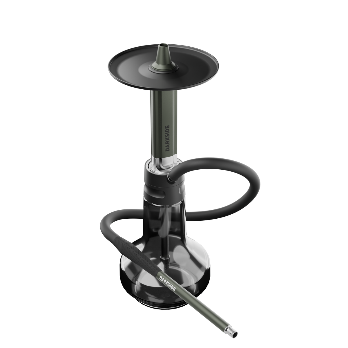Darkside EVO shisha in green, full assembly with hose coiled beside the smoke tinted glass base, image 2 of 9