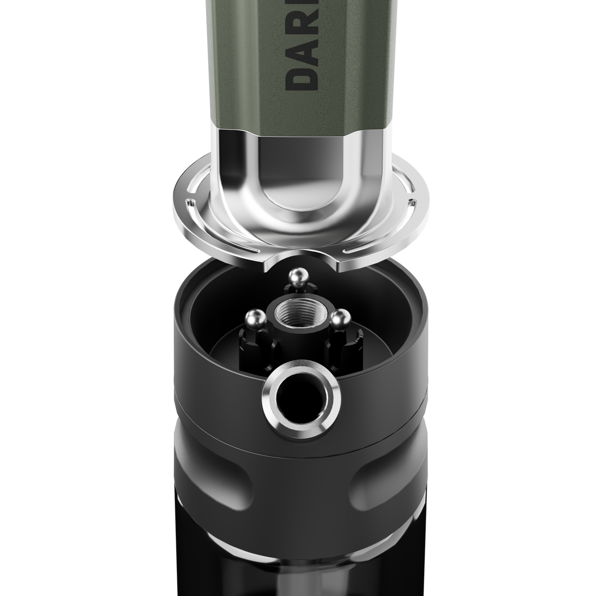 Darkside EVO shisha in green, close-up of the click-system base fitting and magnetic hose port, image 9 of 9