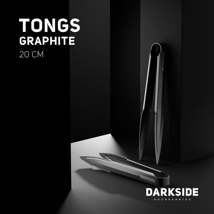 Darkside Graphite shisha tongs shown upright and lying flat, highlighting the 20 cm length