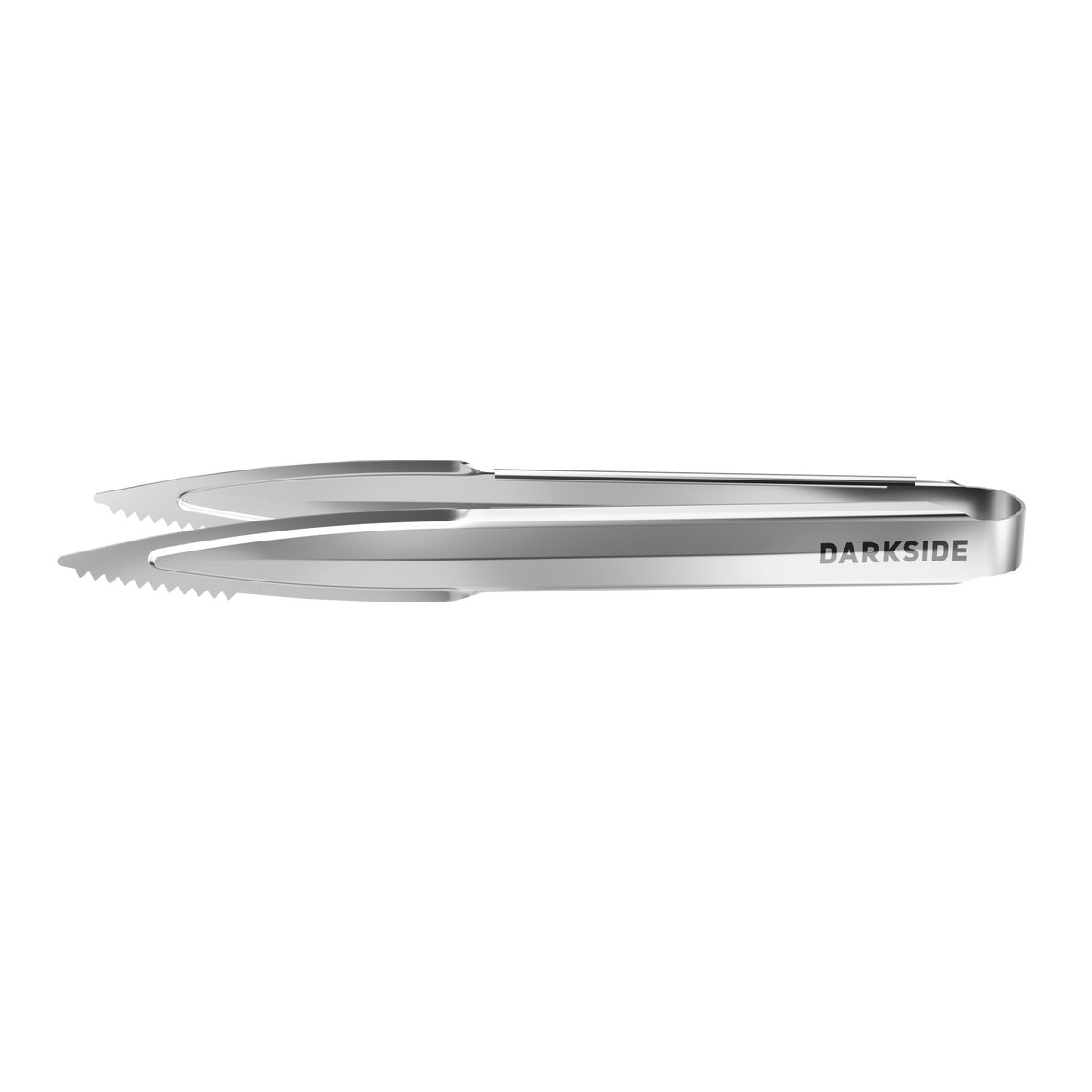 Darkside silver tongs in profile view on white background, showing serrated tips and engraved logo, image 2 of 2