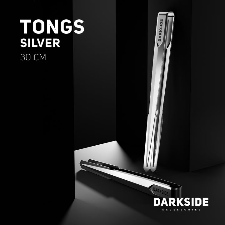 Darkside 30cm silver shisha tongs displayed open and closed on a dark studio background