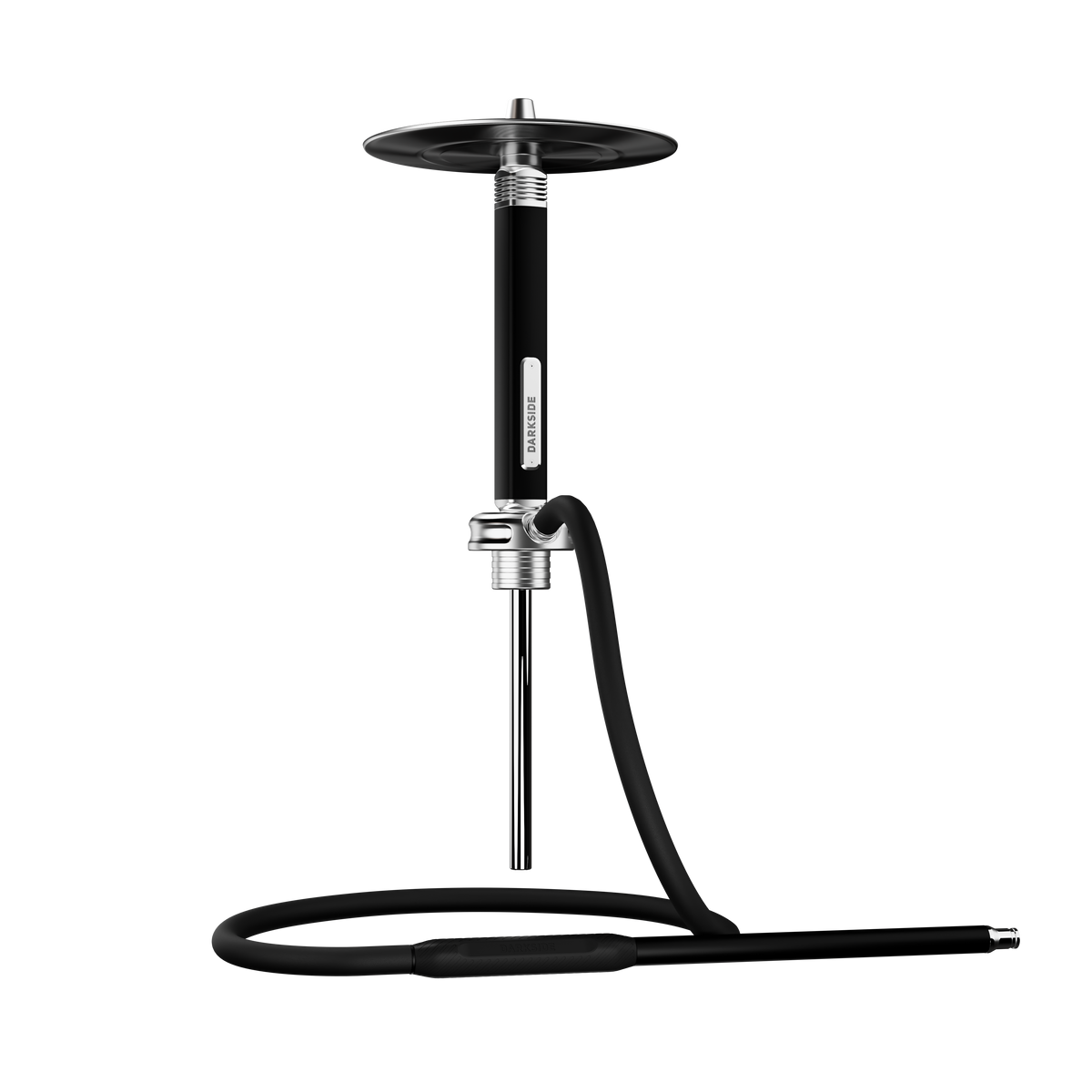 Darkside Ultima shisha saucer and stem shown alone with downtube and curved hose, image 10 of 14