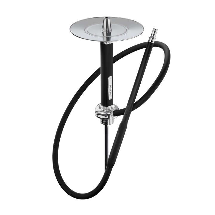 Darkside Ultima shisha shown fully assembled with black stem and coiled hose on white background