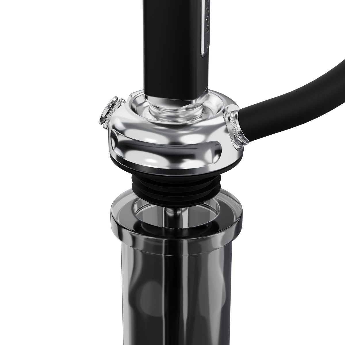 Darkside Ultima shisha stem and base connection shown in close-up with chrome fitting, image 5 of 14