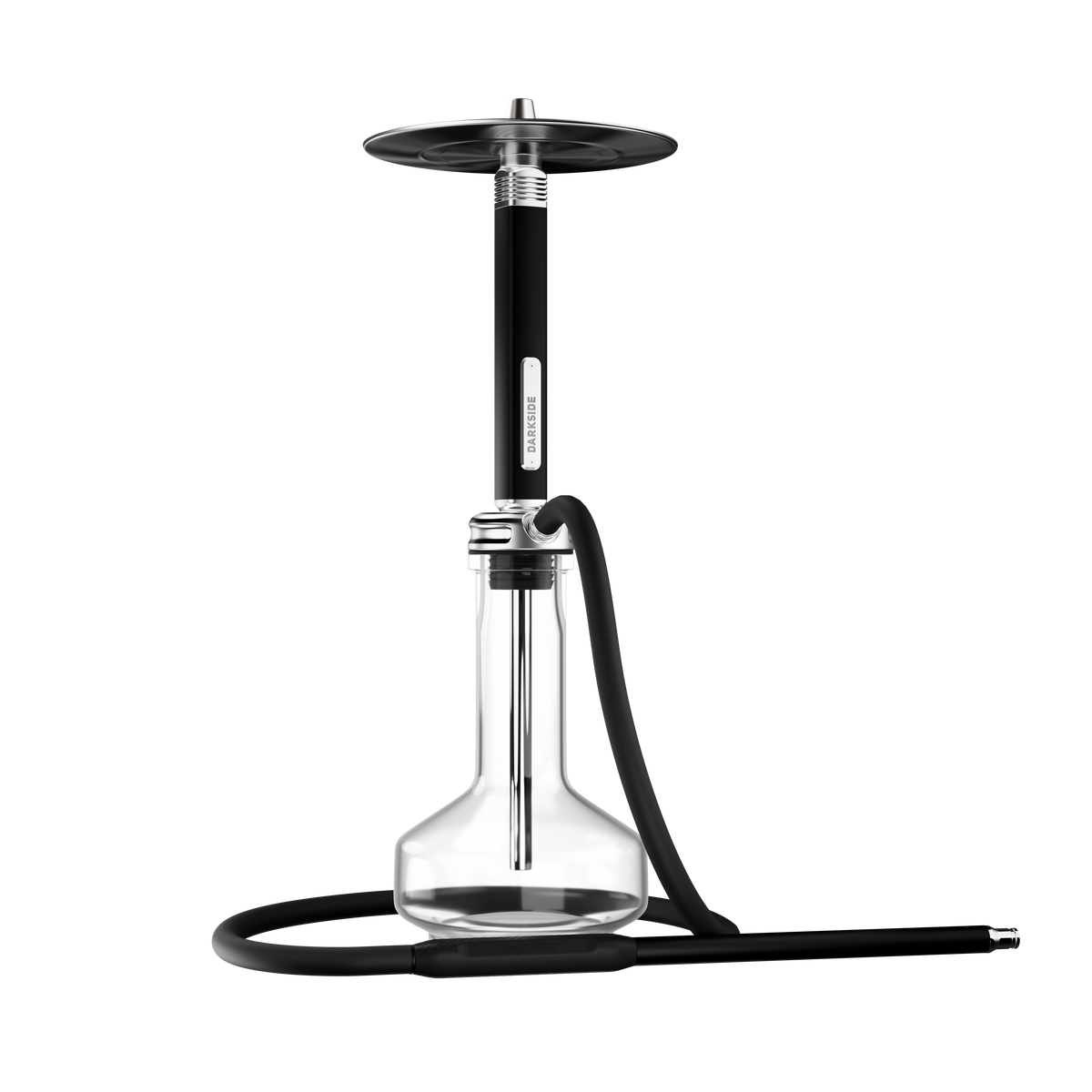 Darkside Ultima shisha assembled with a clear glass base and hose laid to the side, image 8 of 14
