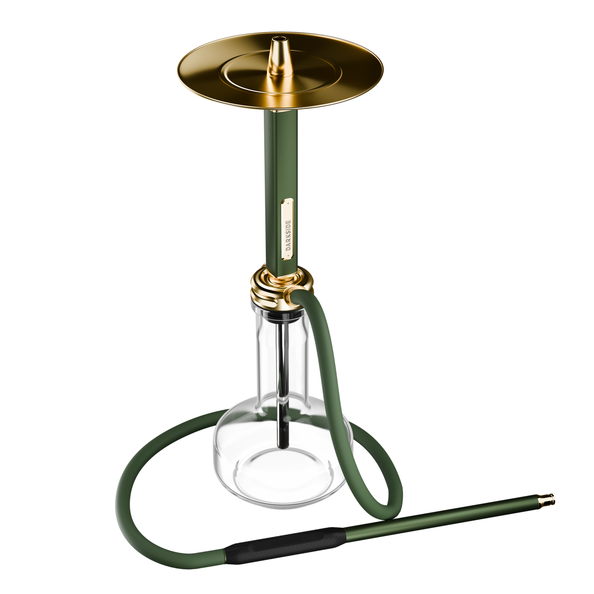 Darkside Ultima Green Gold shisha viewed from an angle, showing the glass base and coiled hose, image 3 of 10