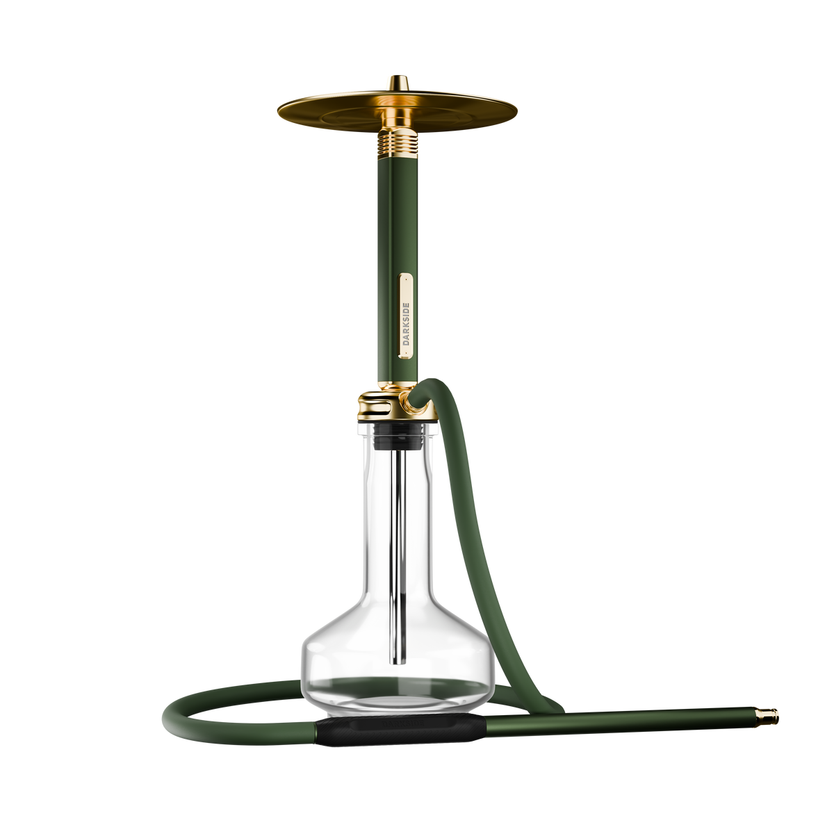 Darkside Ultima Green Gold shisha in a front view with its glass base and looped hose, image 4 of 10