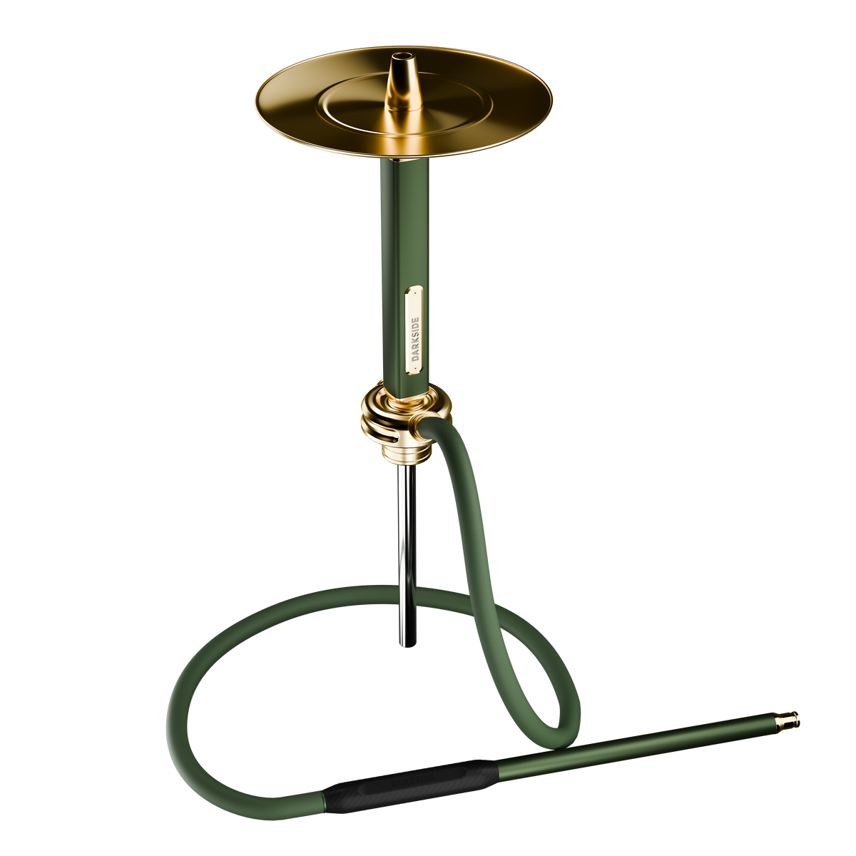Darkside Ultima Green Gold shisha shown from the side, stem and saucer above the stand, image 5 of 10