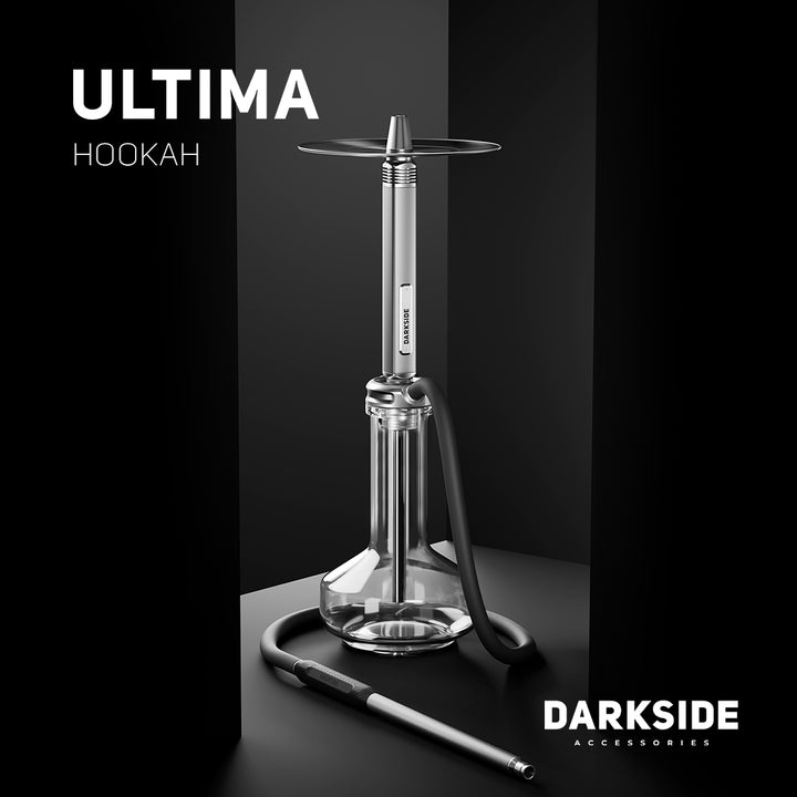 Darkside Ultima shisha assembled with glass base, silver tray, stem and looped black hose shown