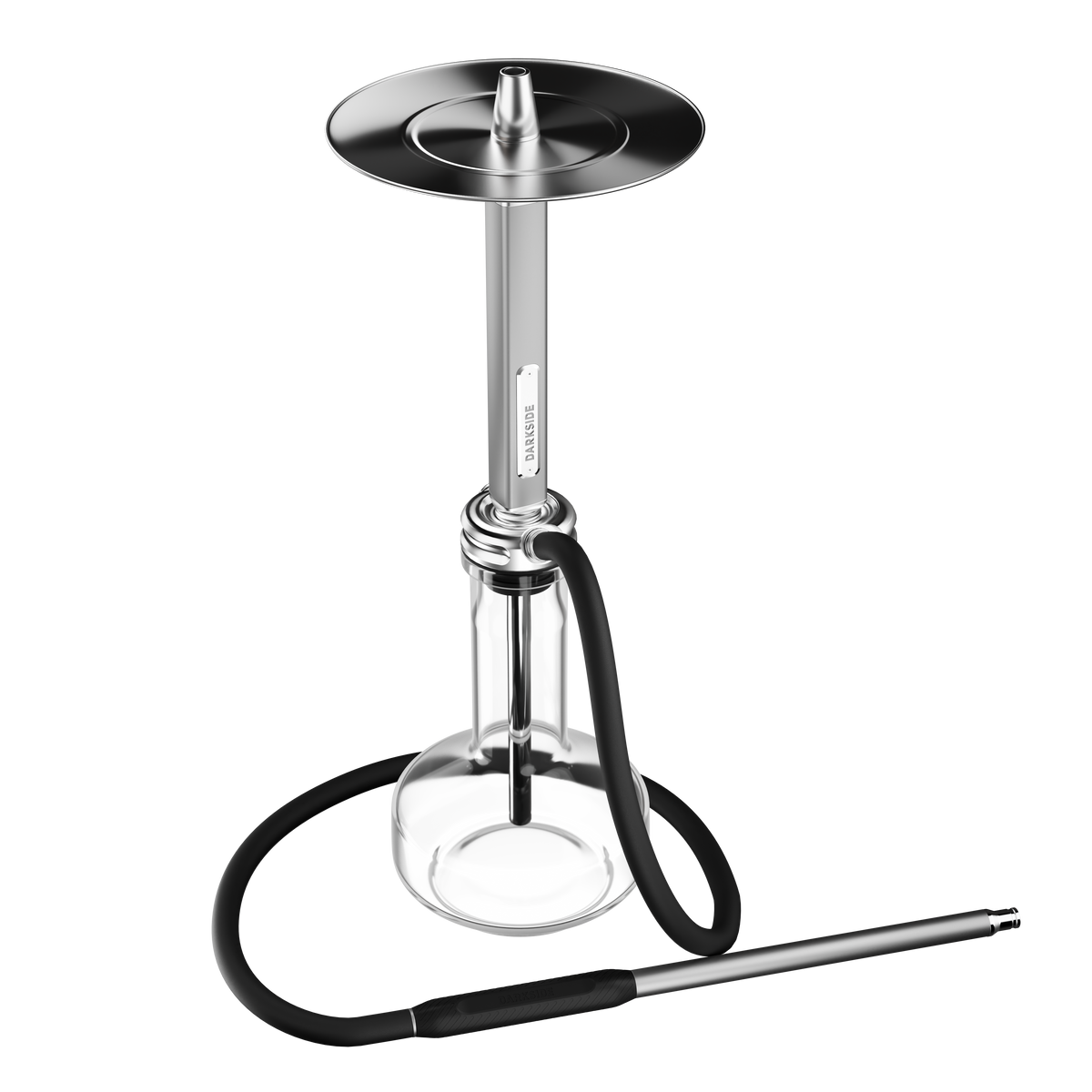 Darkside Ultima shisha assembled with glass base, silver tray and looped hose, angled view, image 3 of 8