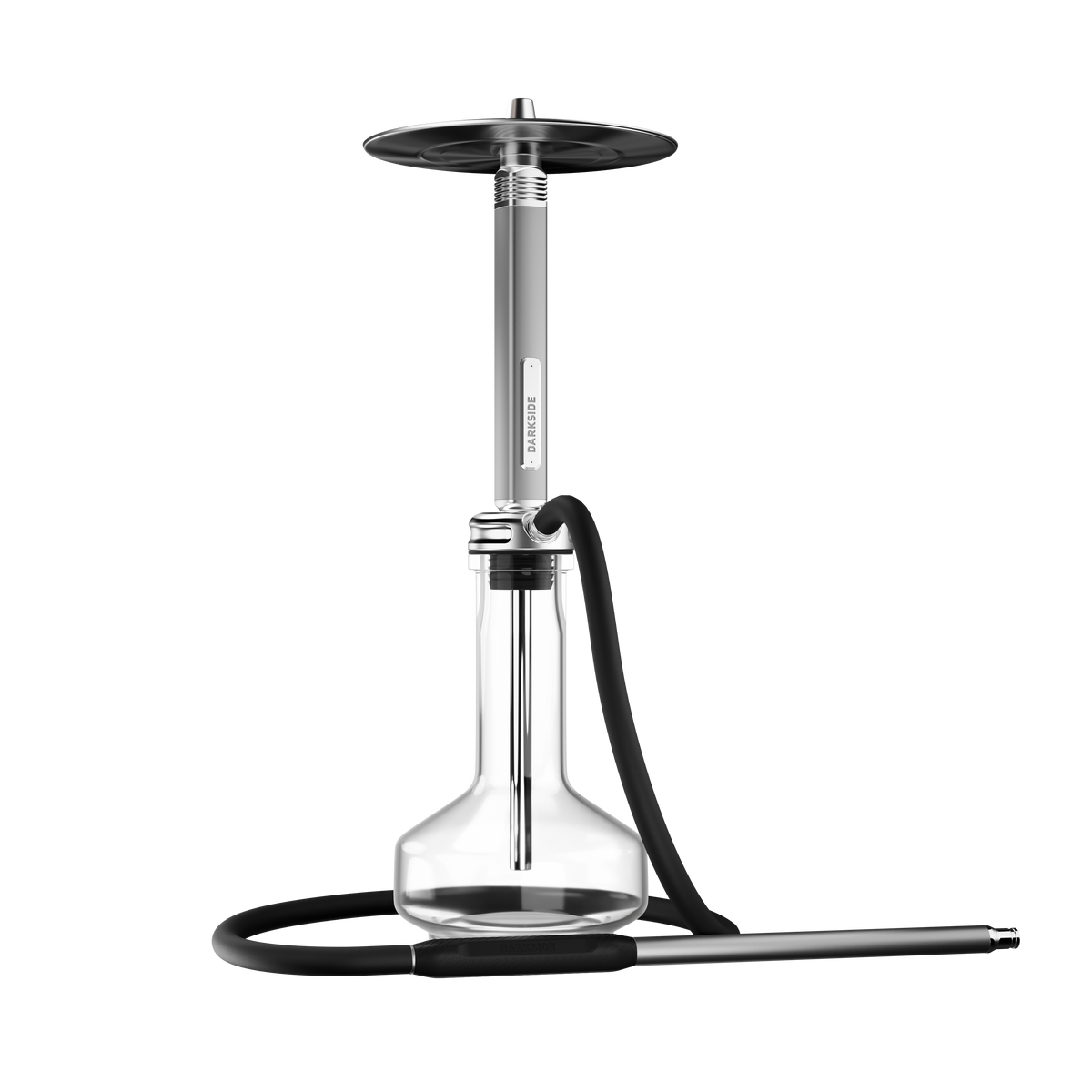 Darkside Ultima shisha front view with glass base, silver tray, stem and looped hose, image 4 of 8