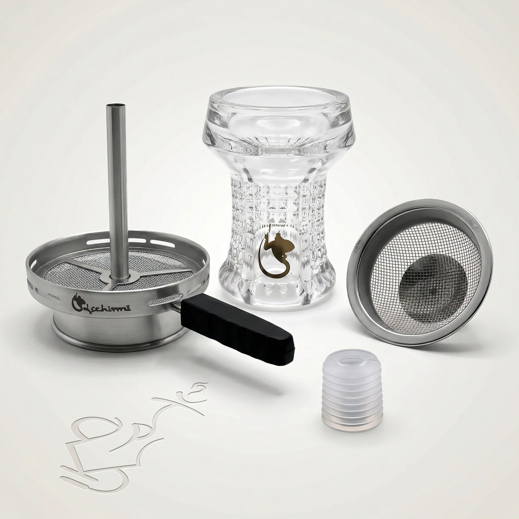 Dschinni Nero Glass Head Bundle components displayed — crystal glass bowl, Vulcan Air 2.0 chimney with handle, Seflex mesh insert, and Ultra-Grip silicone gasket on white studio background.