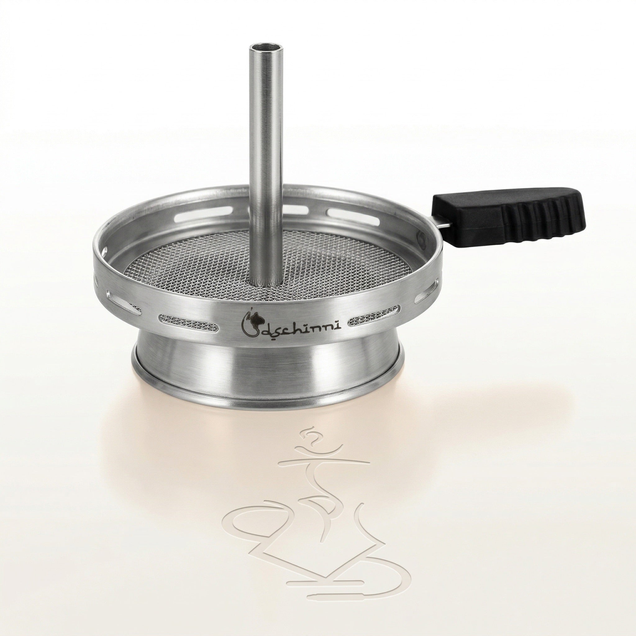 Dschinni Vulcan Air 2.0 stainless steel chimney hot screen for hookah, featuring brushed satin domed base, central chimney tube, air-flow slotted band, and black silicone handle, photographed on a clean studio background