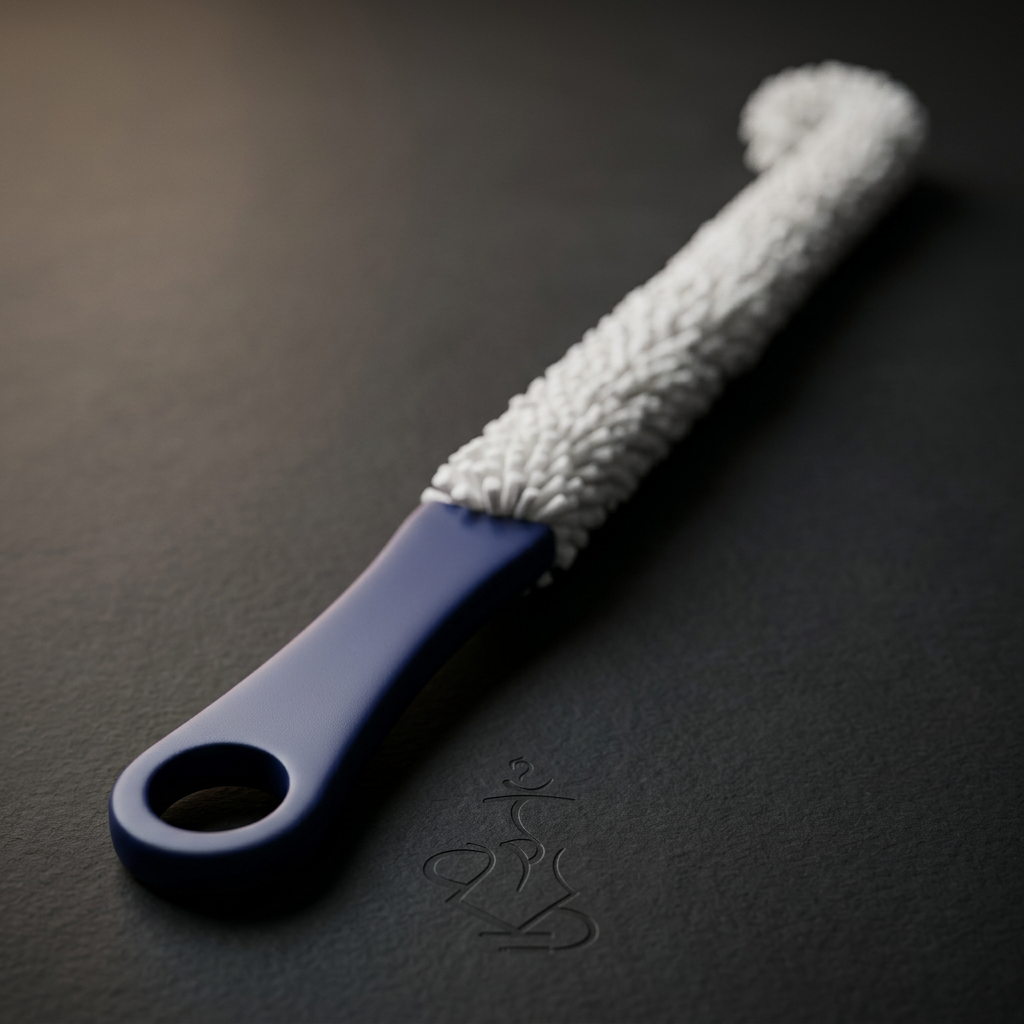 Close-up of Empire base cleaning brush showing firm white nylon bristle tufts and navy blue handle on a dark surface
, image 3 of 7