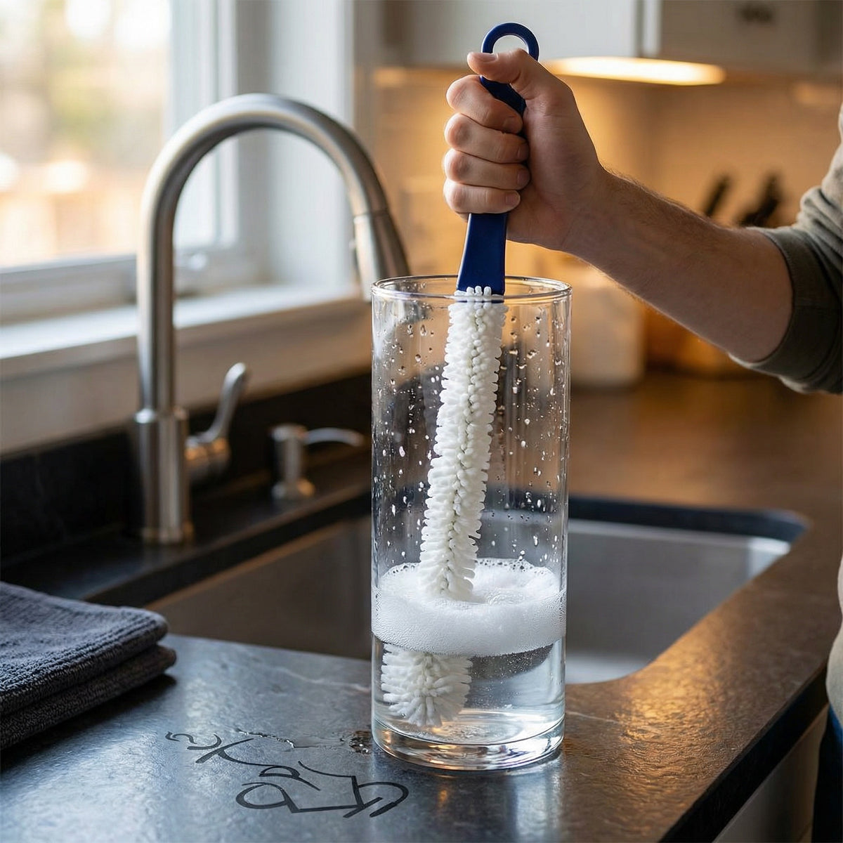 Empire base cleaning brush inserted into a glass hookah base filled with soapy water on a dark kitchen countertop, image 2 of 7