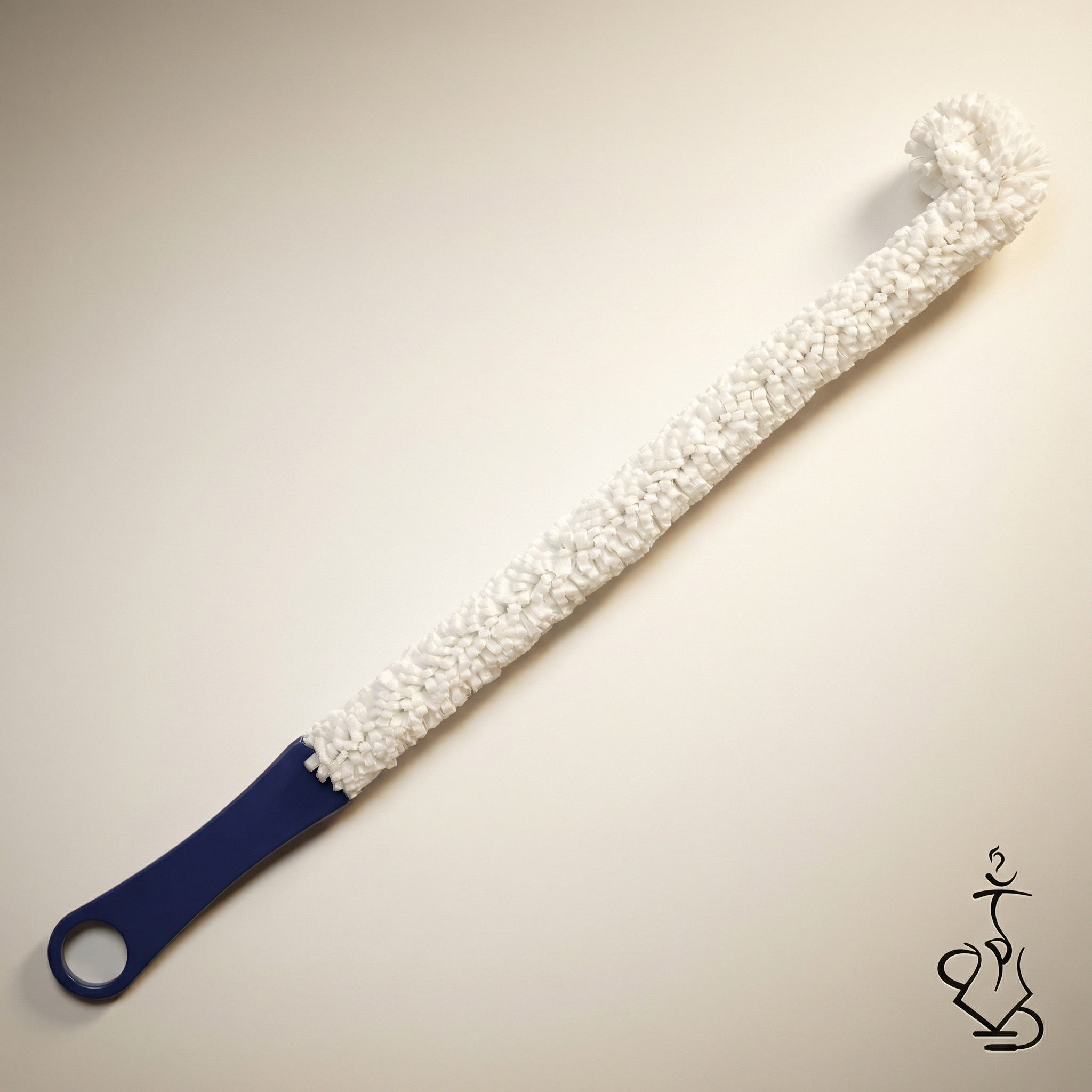 Empire hookah base cleaning brush with white nylon bristles and navy blue handle on a warm white studio background