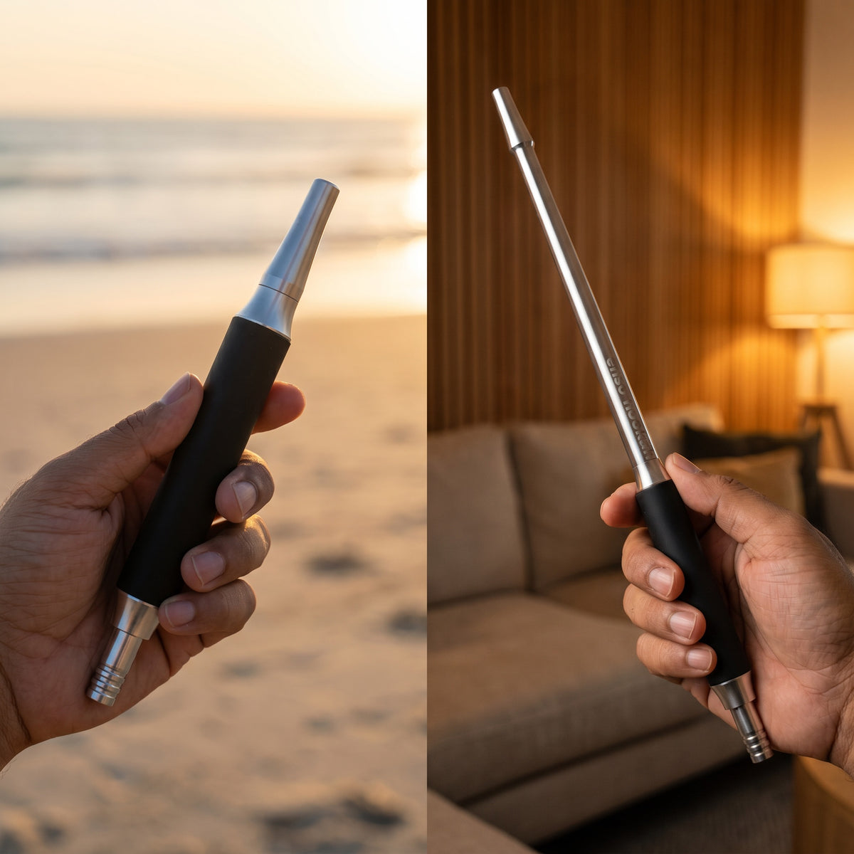Enso Hookah Modular Mouthpiece in hand at the beach and at home, showing compact and full lengths – The Premium Way, image 6 of 12