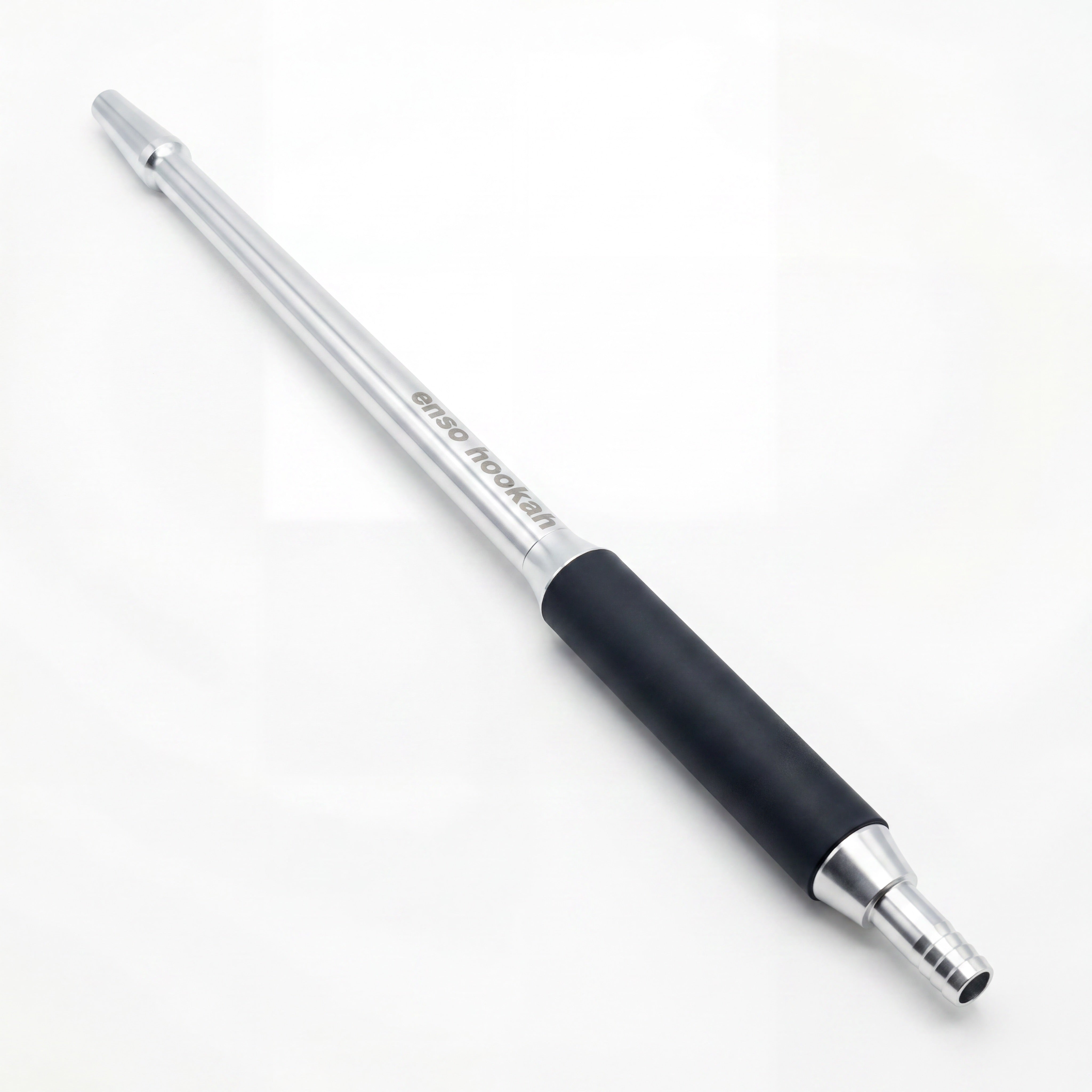 Enso Hookah Modular Mouthpiece shown on white, polished silver aluminium shisha handle – The Premium Way
