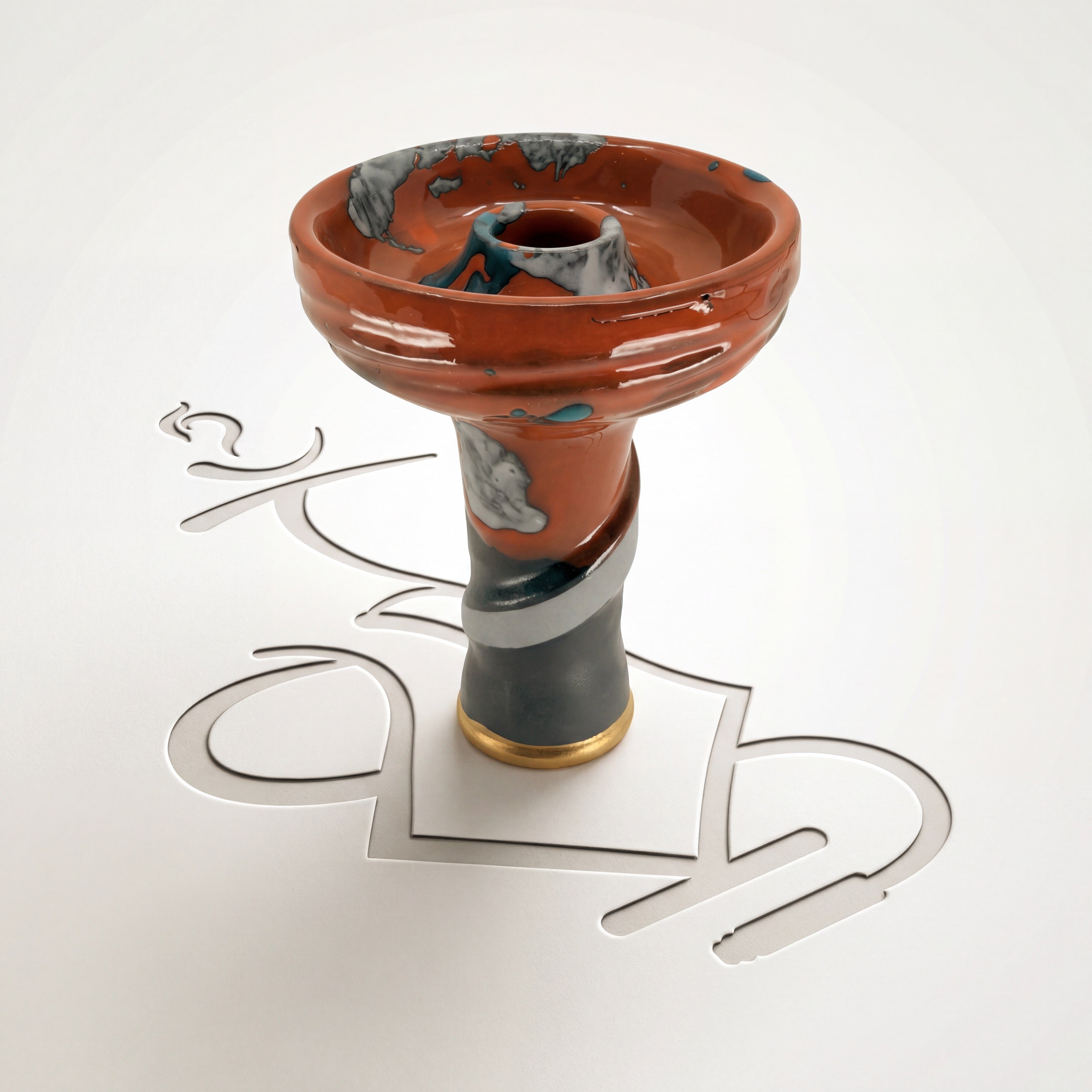 Ace phunnel bowl in Ember rust-orange glaze with grey marbling, teal droplets and gold-rimmed stem — The Premium Way