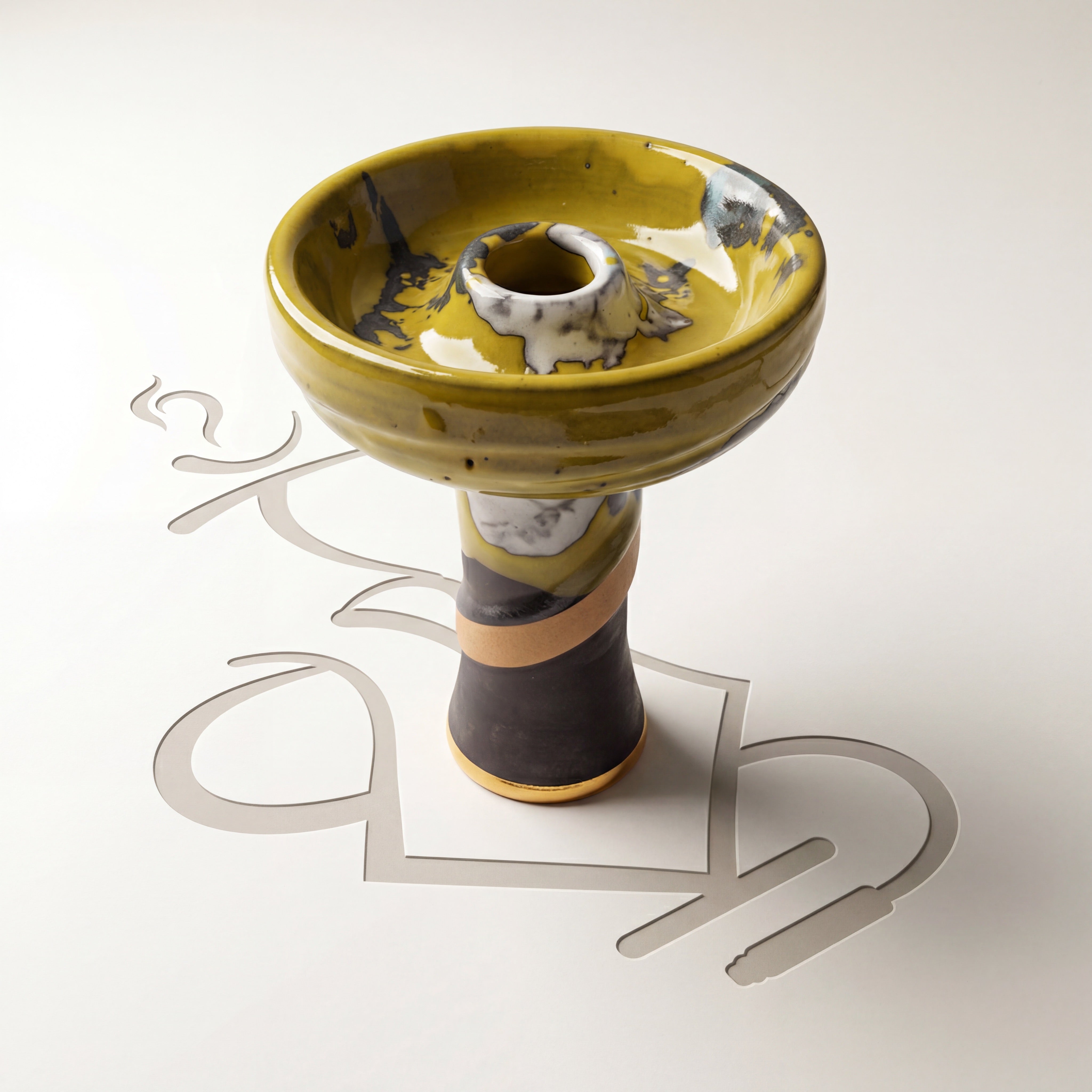 Ace phunnel bowl in Ochre mustard glaze with dark grey marbling and cream spire, gold-rimmed stem — The Premium Way