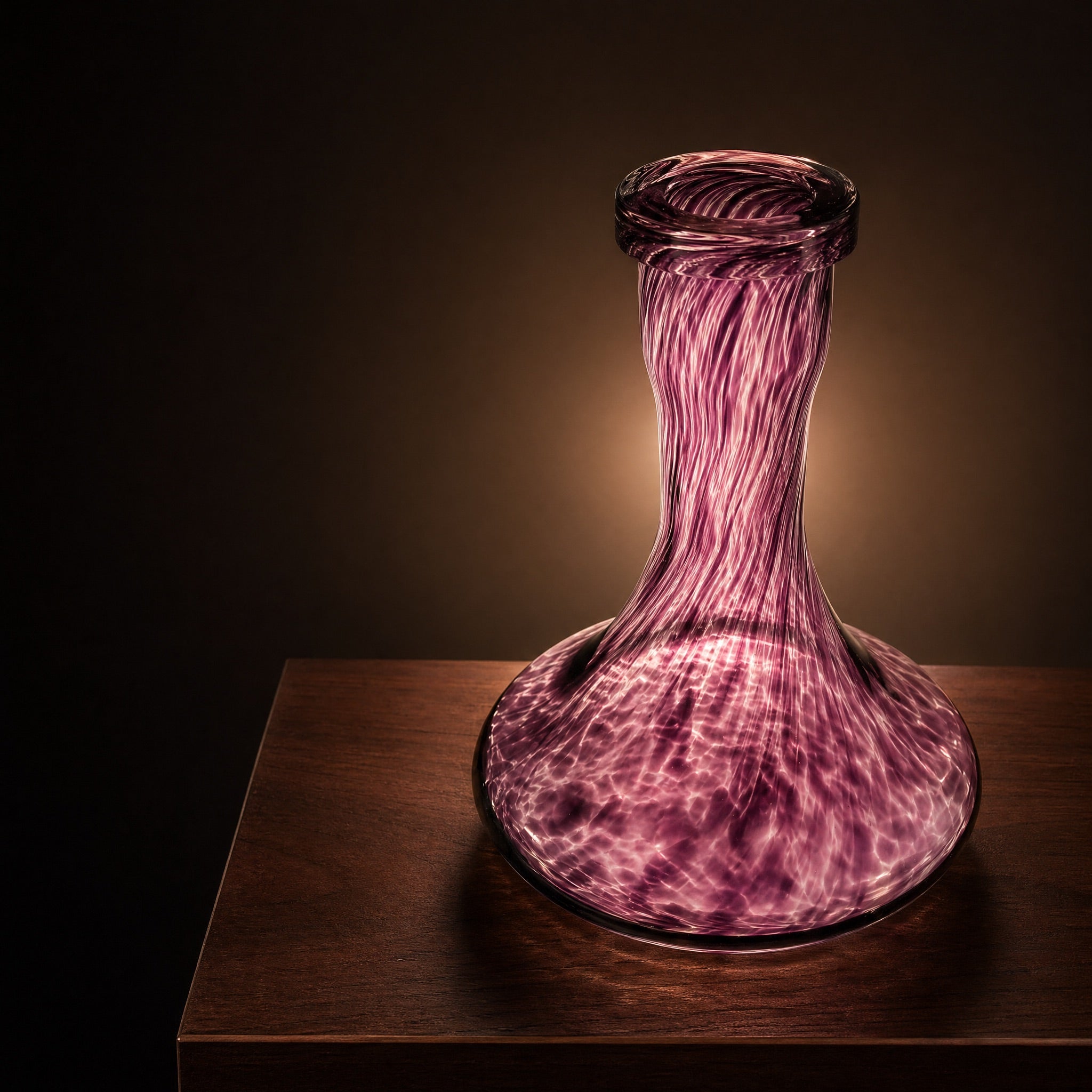 Amethyst Marble Russian shisha vase backlit on a walnut pedestal, purple glass glowing with luminous white striations
