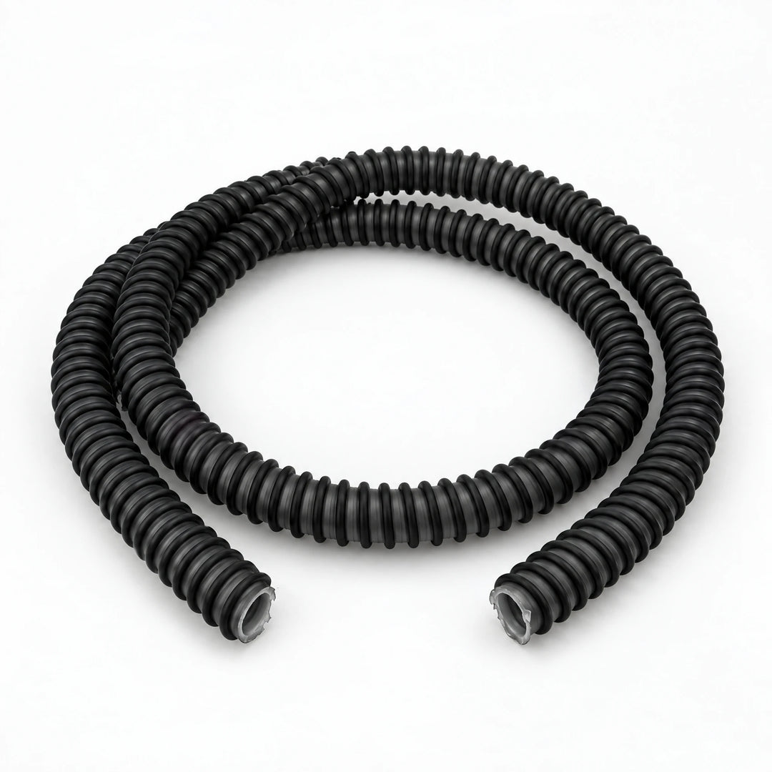 Essentials anti kink silicone shisha hose in black, a smoky grey tube with a black spiral rib, loosely coiled