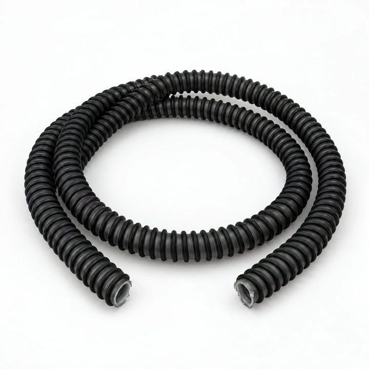 Essentials anti kink silicone shisha hose in black, a smoky grey tube with a black spiral rib, loosely coiled