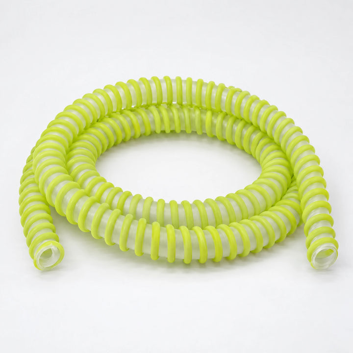 Essentials anti kink silicone shisha hose in lime, a frosted clear tube with a lime green spiral rib, loosely coiled
