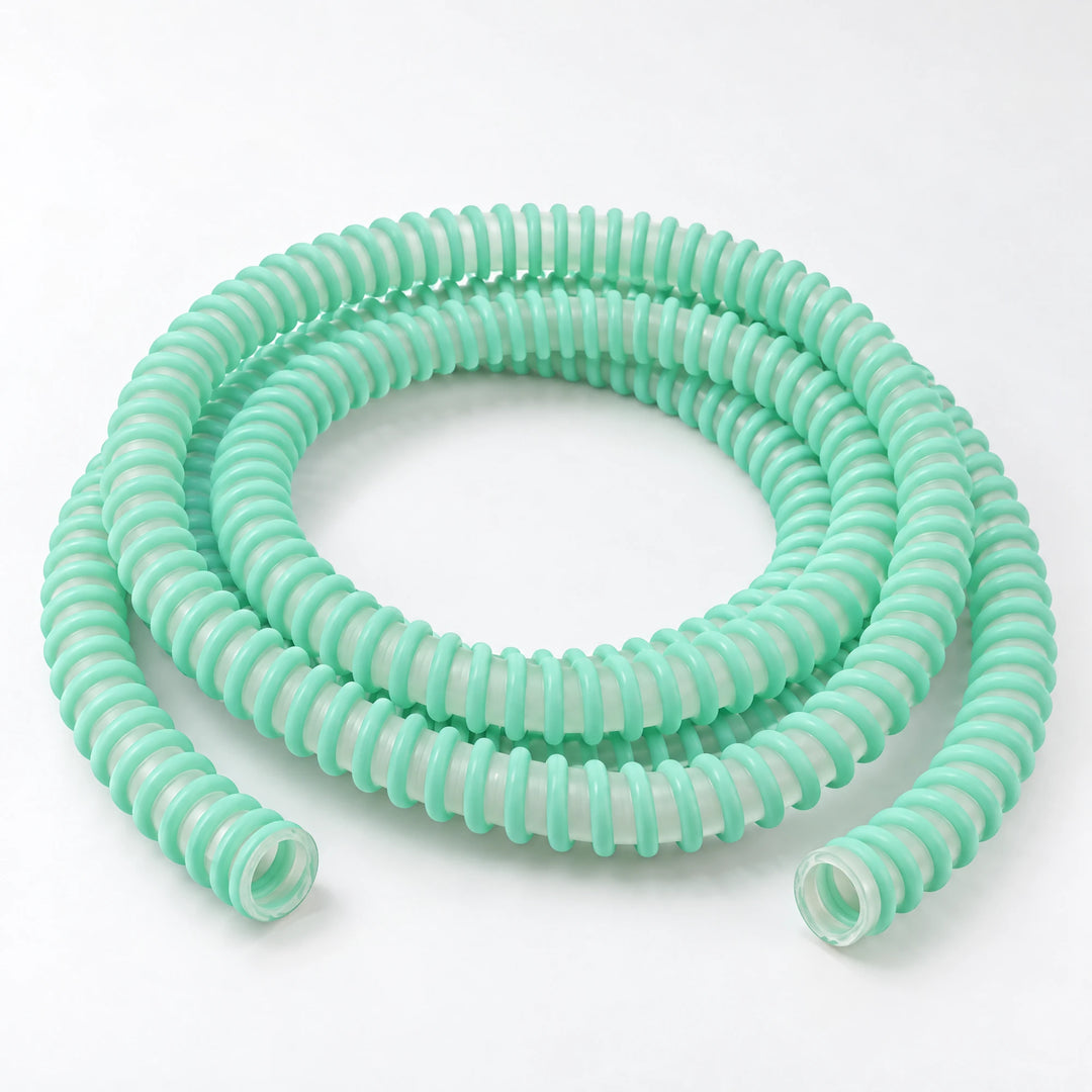 Essentials anti kink silicone shisha hose in mint, a frosted clear tube with a pale mint spiral rib, loosely coiled