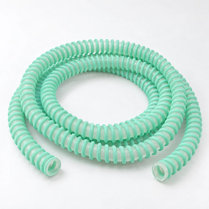 Essentials anti kink silicone shisha hose in mint, a frosted clear tube with a pale mint spiral rib, loosely coiled