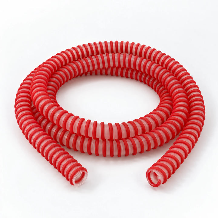 Essentials anti kink silicone shisha hose in red, a frosted clear tube with a red spiral rib, loosely coiled