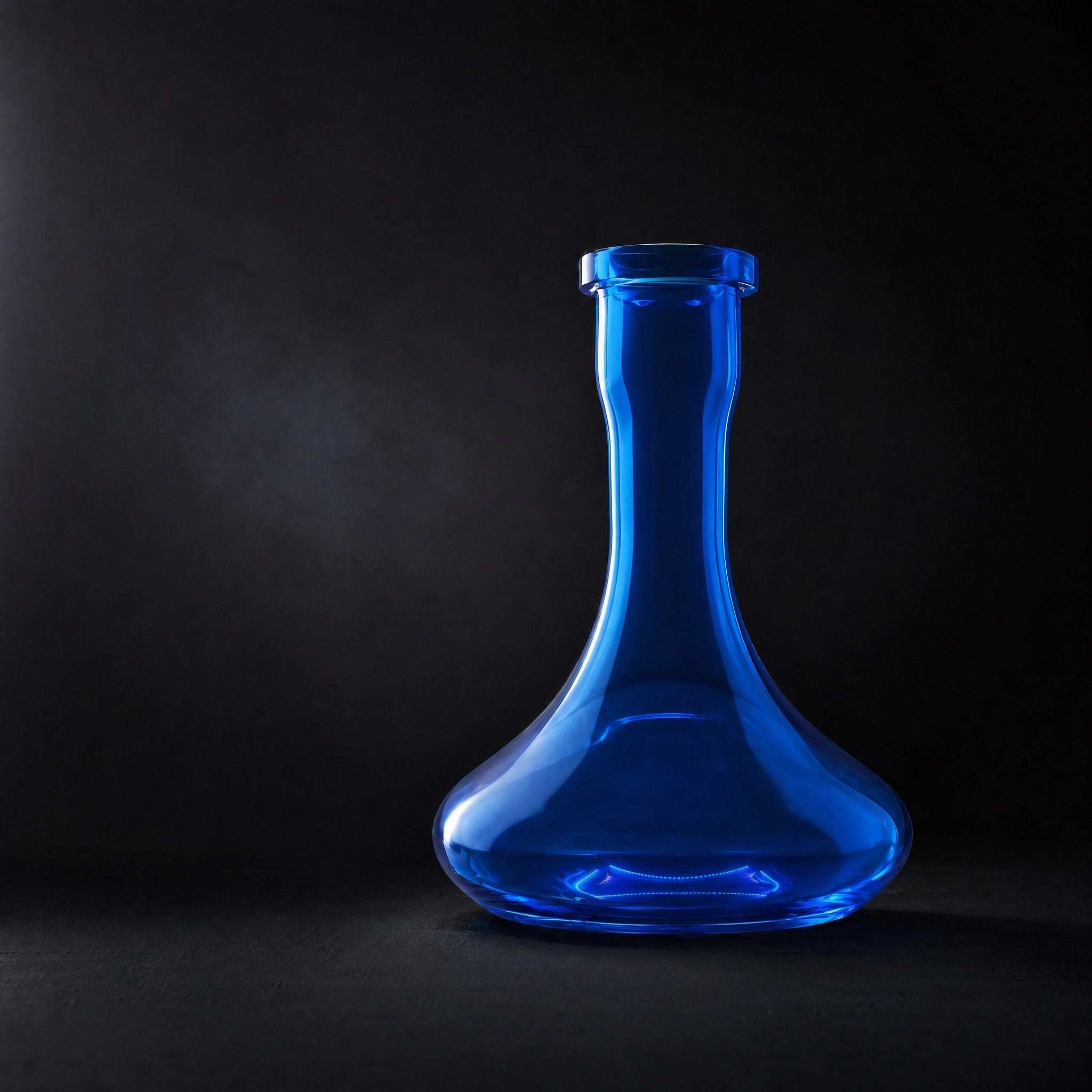Essentials Azure Russian shisha vase glowing electric blue under backlight, dark architectural setting, 45mm Russian fit