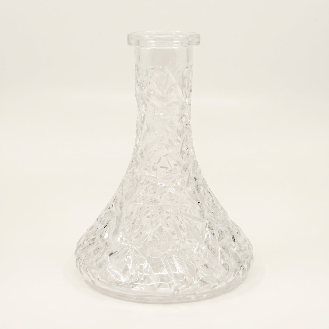 Essentials Crystal-Cut Clear Russian shisha vase, three-quarter view, dense pressed-cut faceting on clear glass with 45mm Russian-fit neck