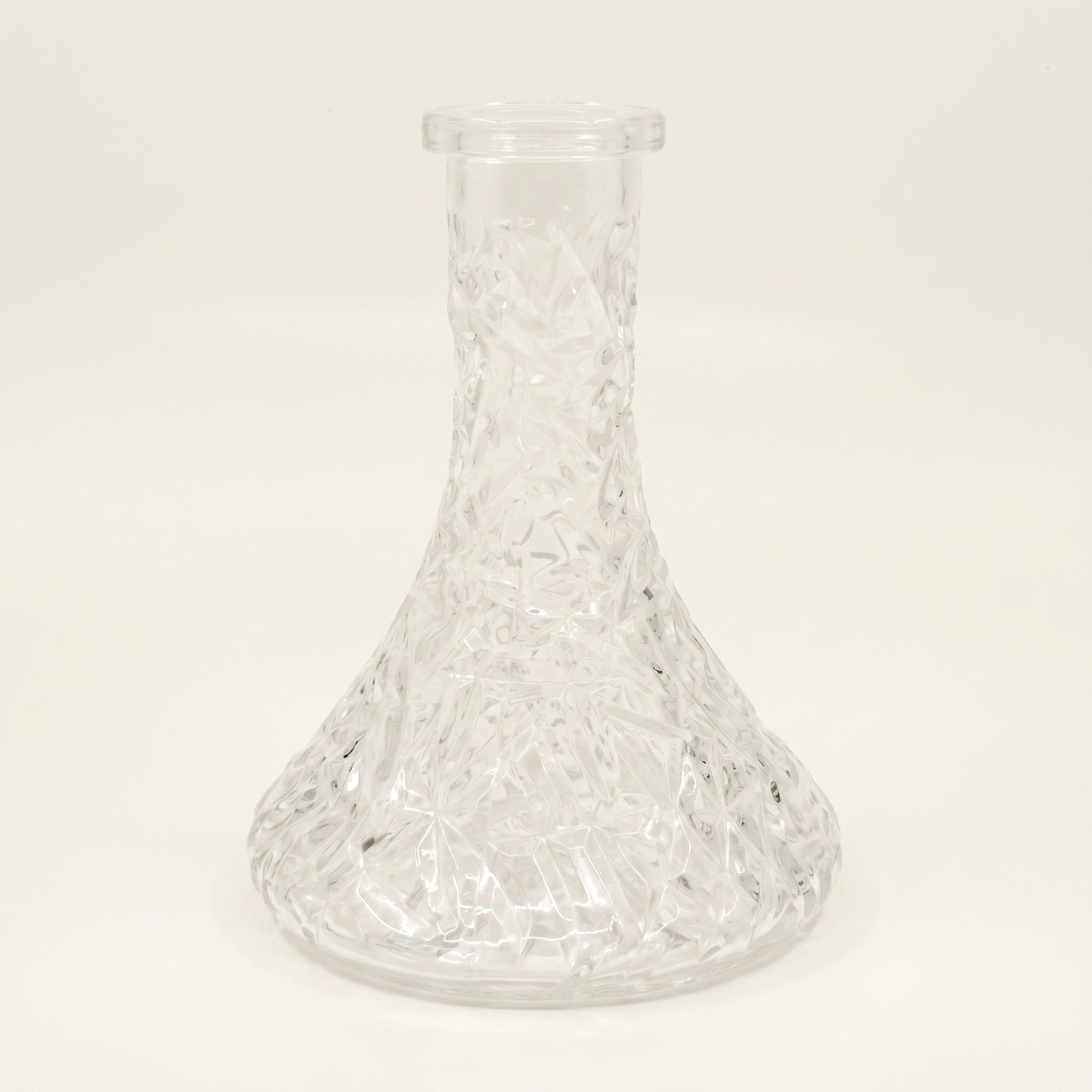 Essentials Crystal-Cut Clear Russian shisha vase, three-quarter view, dense pressed-cut faceting on clear glass with 45mm Russian-fit neck