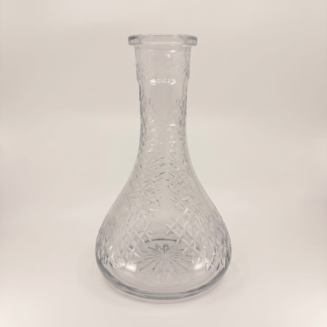 Etched Diamond Clear Russian shisha vase by Essentials, classic teardrop body with diamond hatch-cut pattern across clear glass, 45mm Russian fit