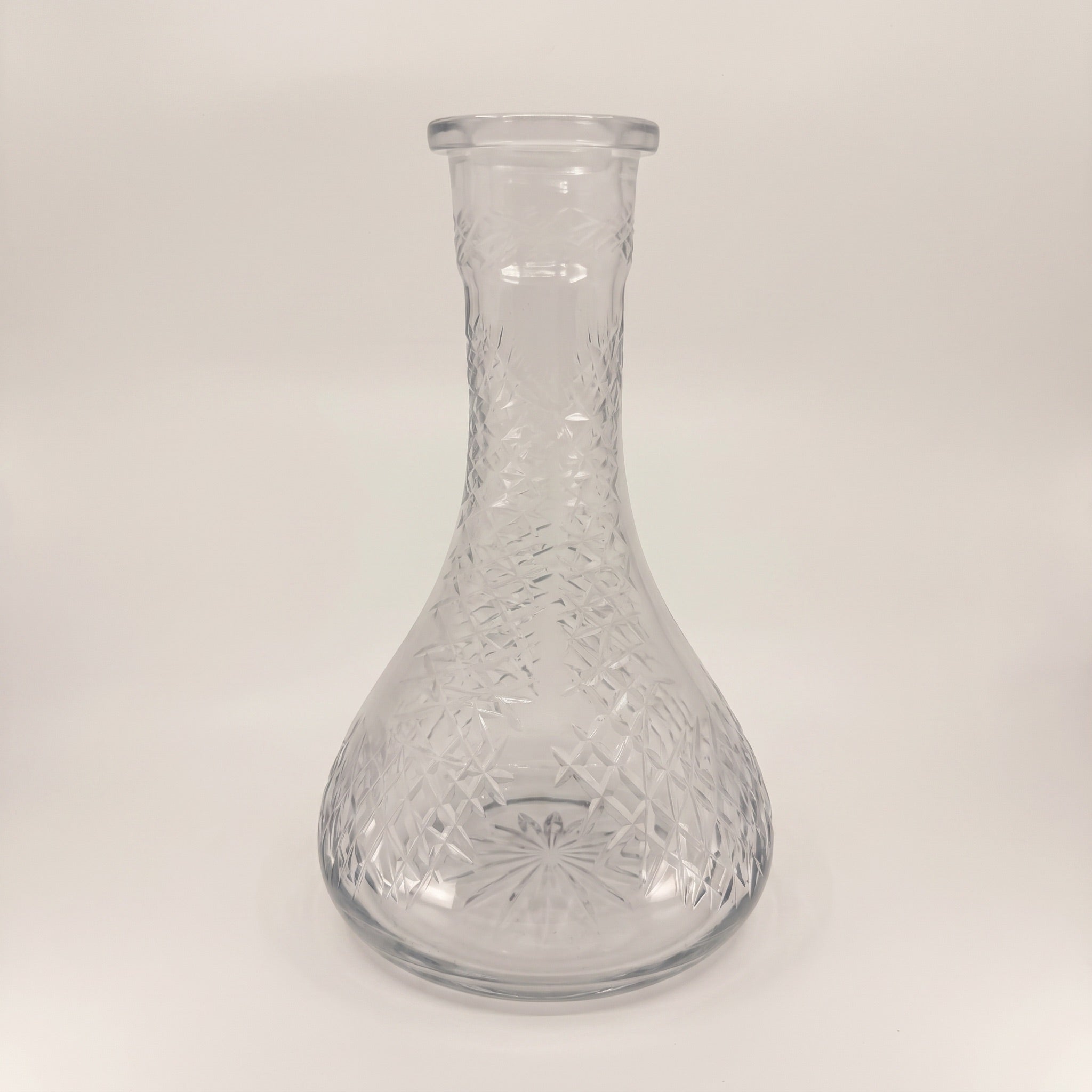 Etched Diamond Clear Russian shisha vase by Essentials, classic teardrop body with diamond hatch-cut pattern across clear glass, 45mm Russian fit