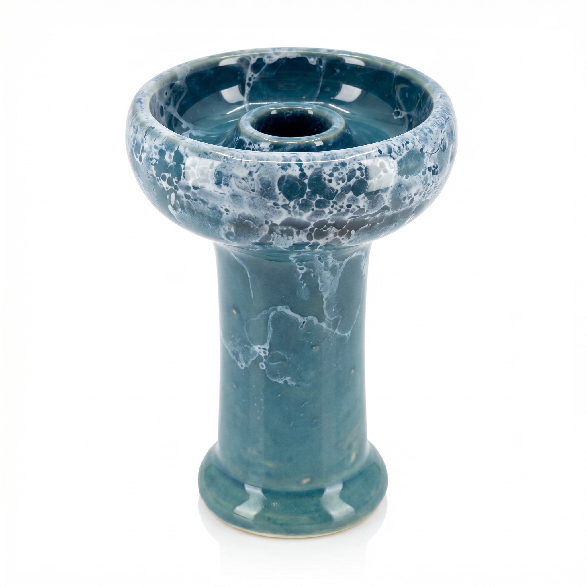 Essentials Joker Phunnel shisha bowl in Tsunami teal bubble-marble glaze on pure white background, ready for downstream use.