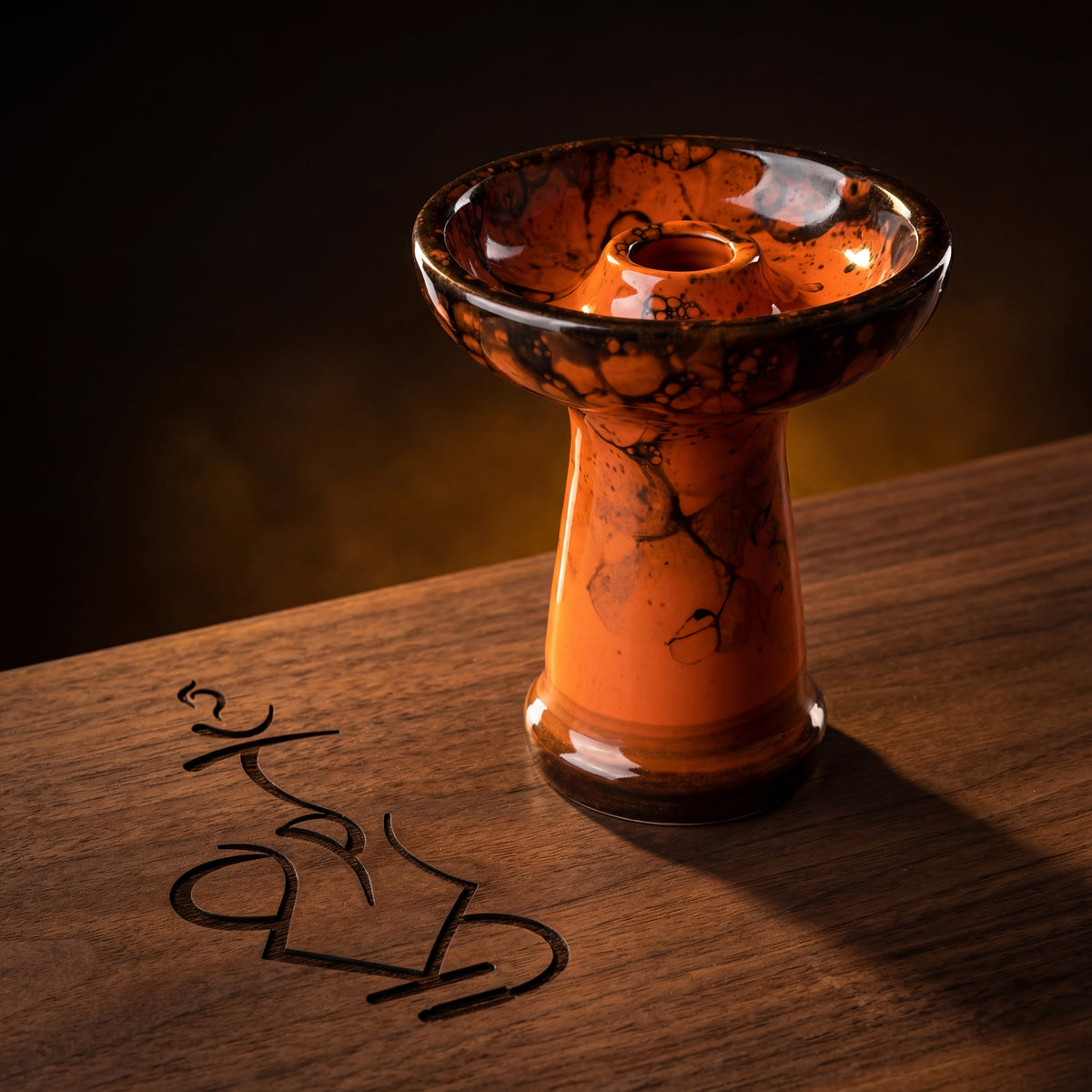 Essentials King Phunnel Bowl in Blaze glaze on dark walnut wood with etched logo mark — The Premium Way, image 3 of 5