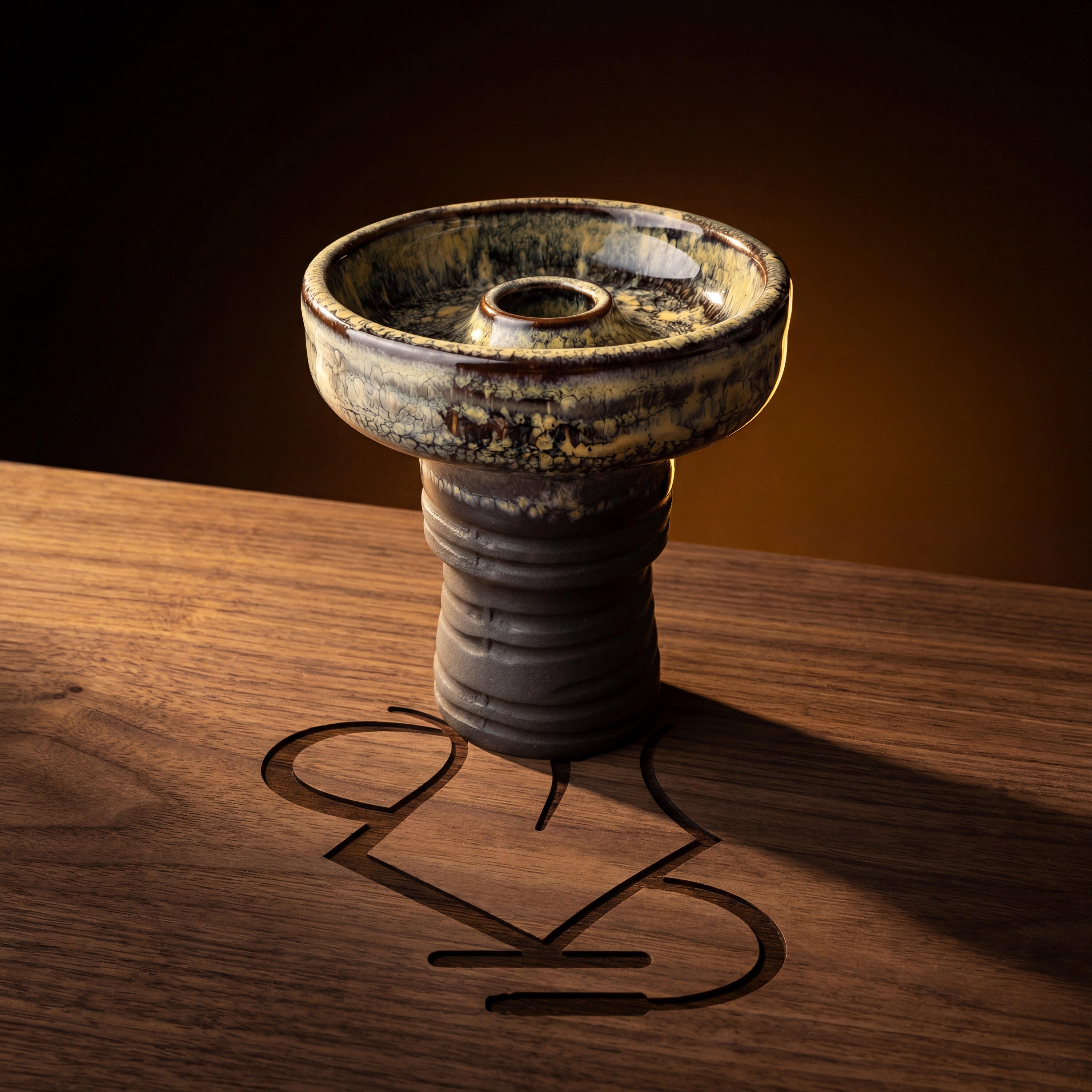 Knight Phunnel Bowl Sentinel shown on dark walnut with warm rim lighting and stacked ring stem detail