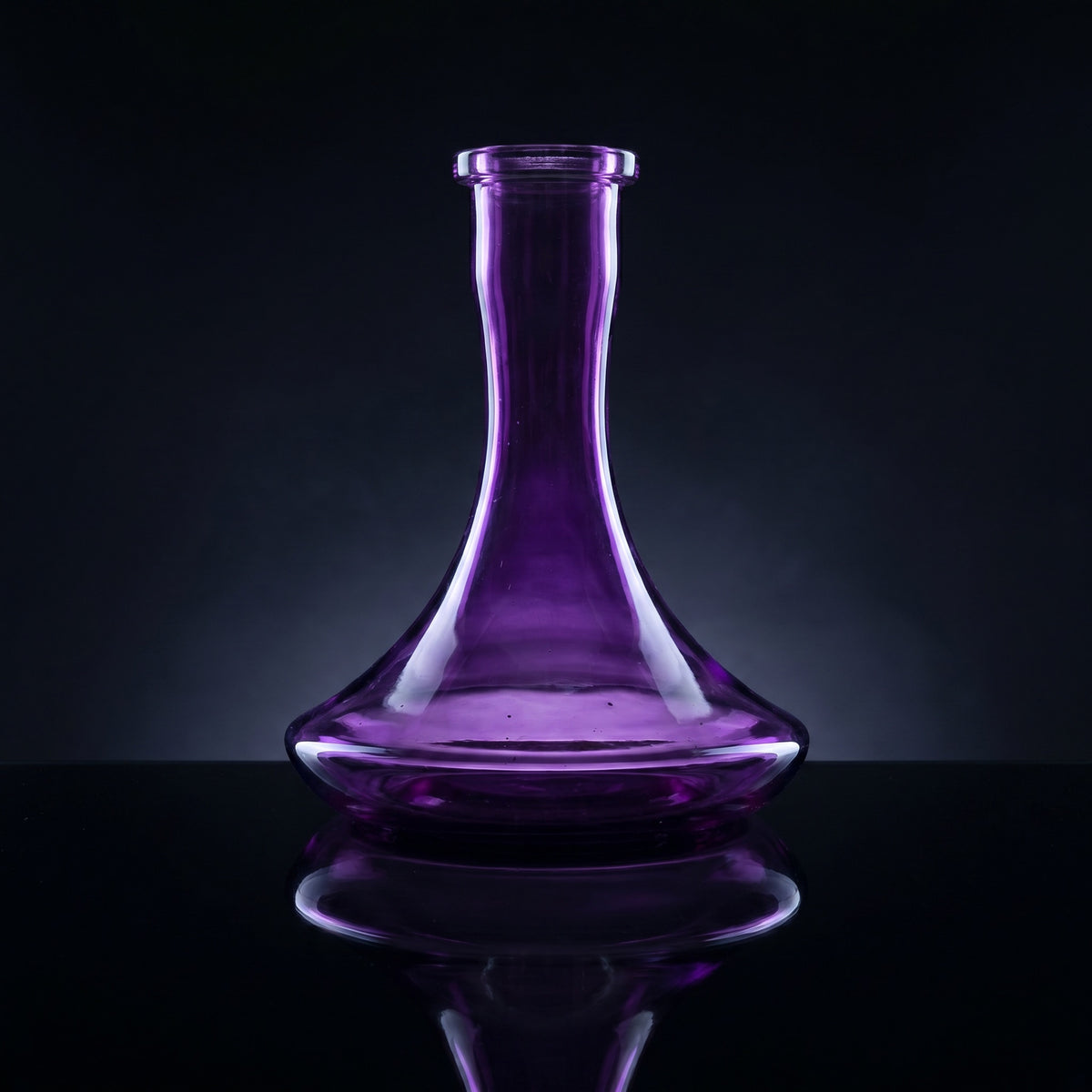 Purple Russian shisha vase backlit on polished black mirror, vivid amethyst glass glowing from within, art-glass catalogue register, image 2 of 3