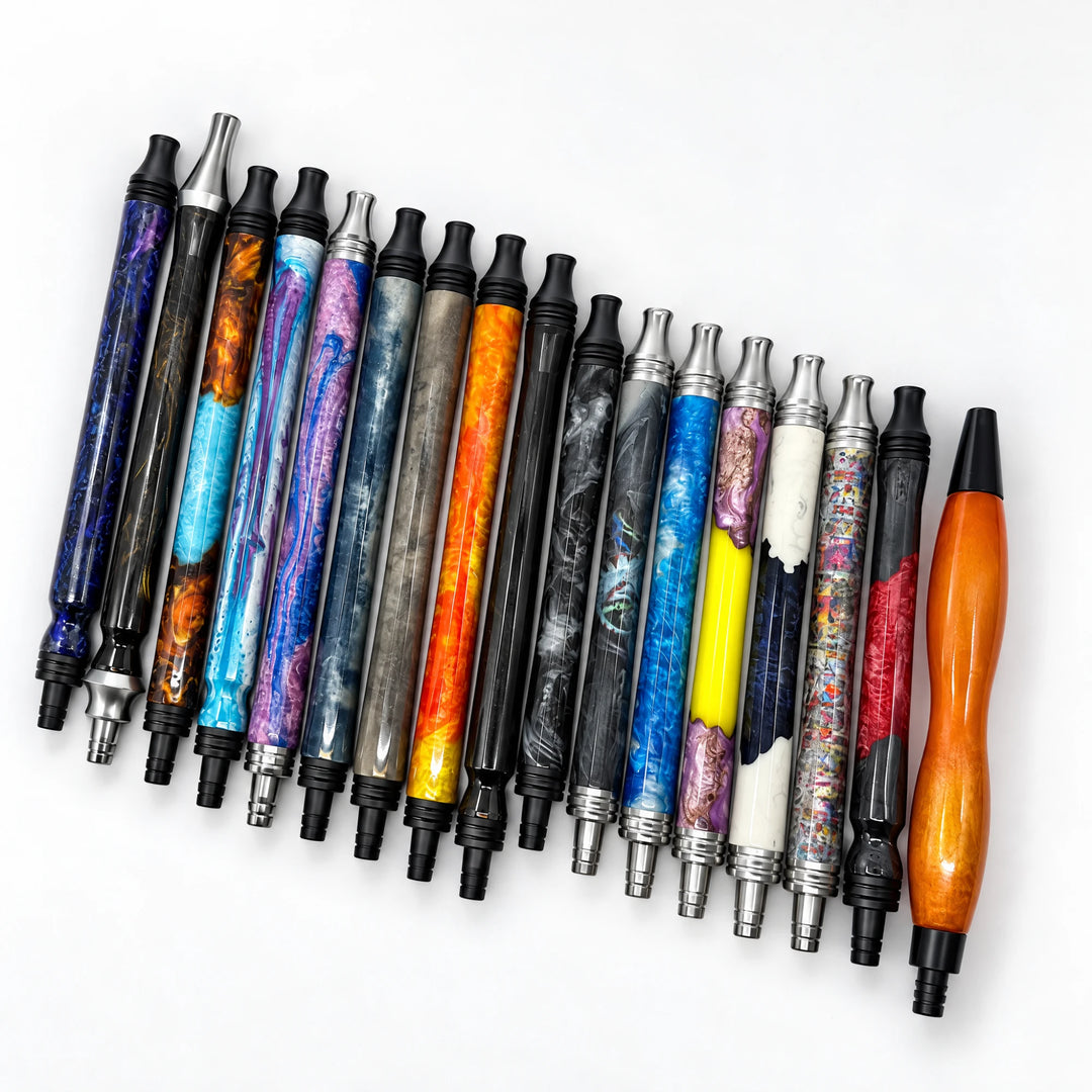 Essentials resin shisha hose mouthpiece handles, seventeen different designs with black and steel ends